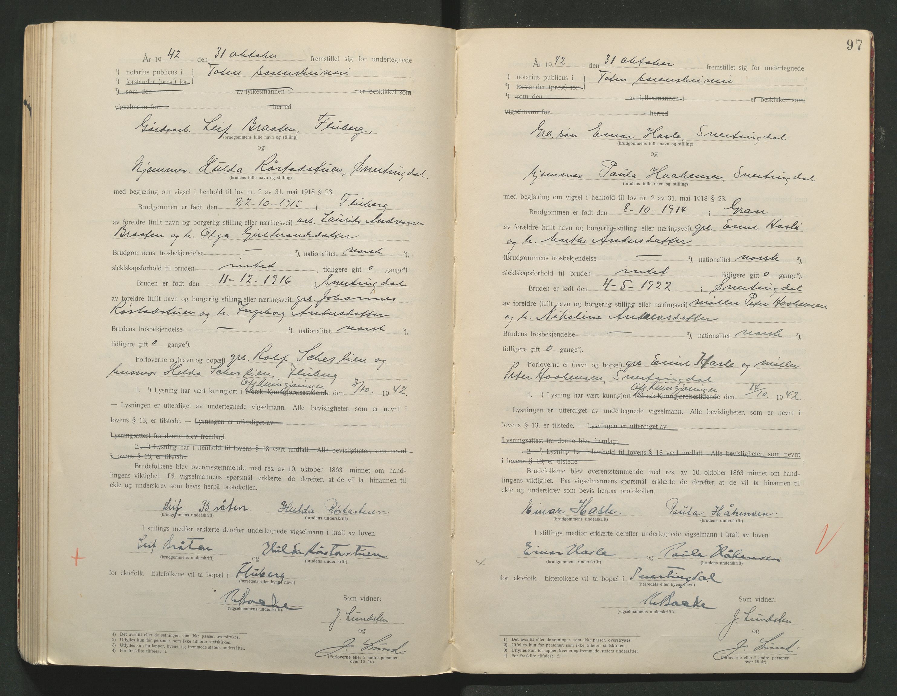 Toten tingrett, AV/SAH-TING-006/L/Lc/L0001: Vigselbok, 1920-1942, s. 97