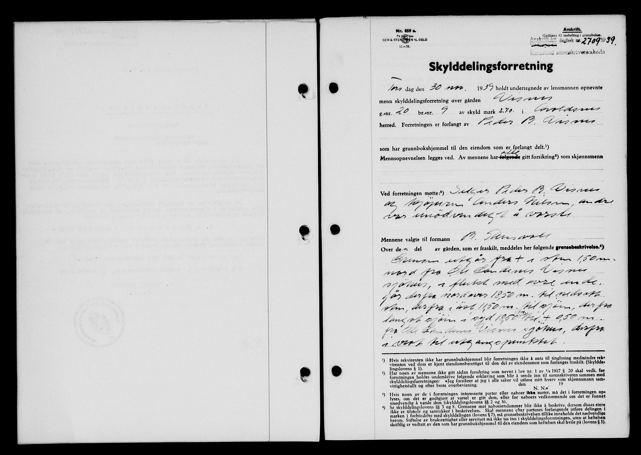 Karmsund sorenskriveri, SAST/A-100311/01/II/IIB/L0072: Pantebok nr. 53A, 1939-1940, Dagboknr: 2709/1939