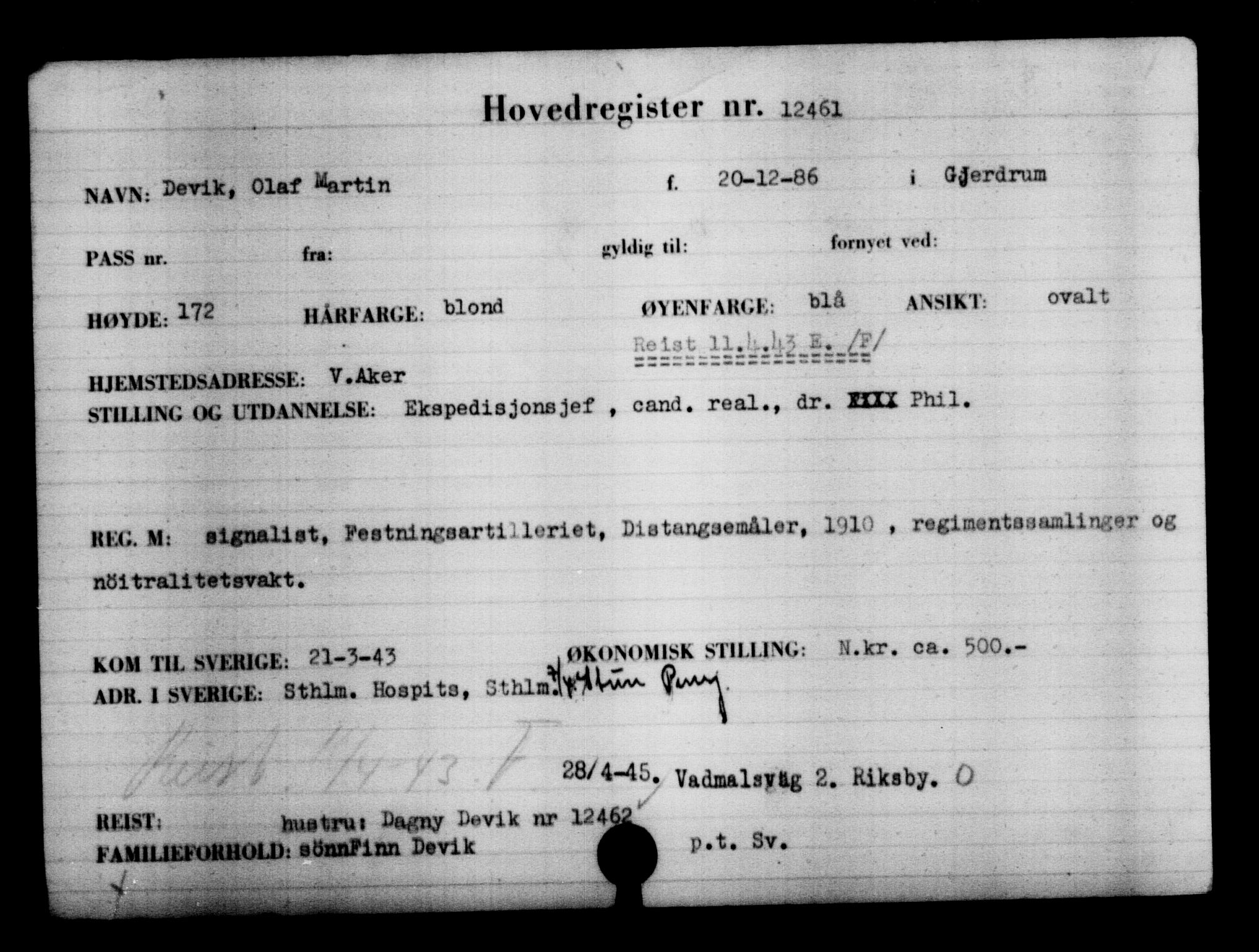 Den Kgl. Norske Legasjons Flyktningskontor, RA/S-6753/V/Va/L0006: Kjesäterkartoteket.  Flyktningenr. 9400-12711, 1940-1945, s. 3493