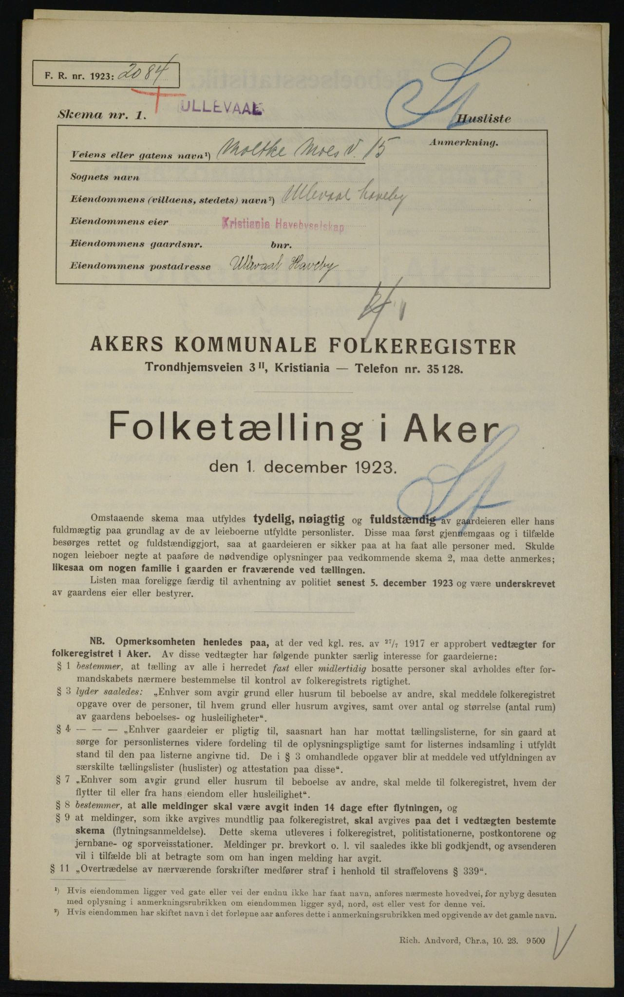 , Kommunal folketelling 1.12.1923 for Aker, 1923, s. 21458