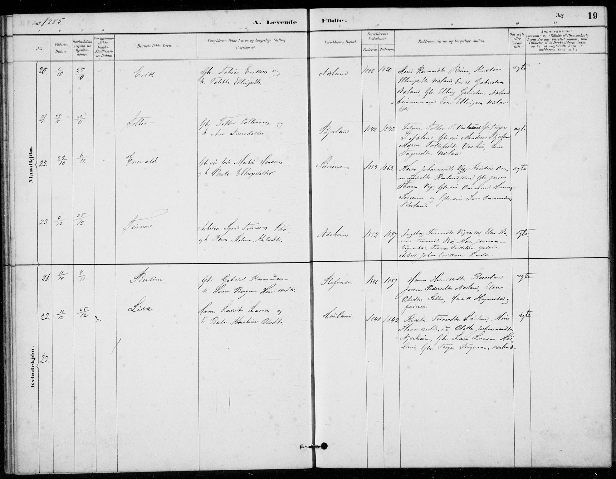 Hå sokneprestkontor, AV/SAST-A-101801/001/30BB/L0003: Klokkerbok nr. B 3, 1883-1894, s. 19