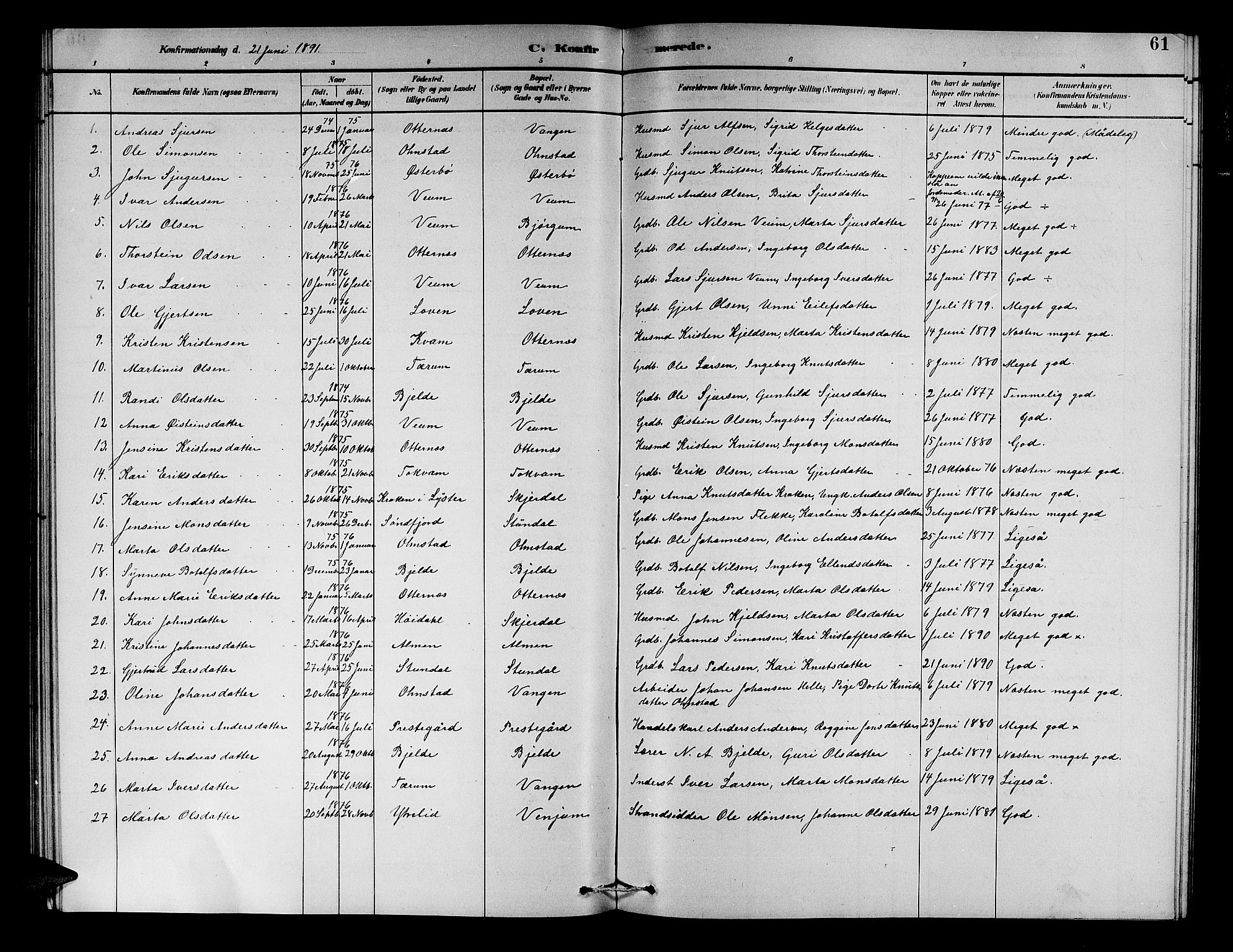 Aurland sokneprestembete, AV/SAB-A-99937/H/Hb/Hba/L0002: Klokkerbok nr. A 2, 1880-1895, s. 61