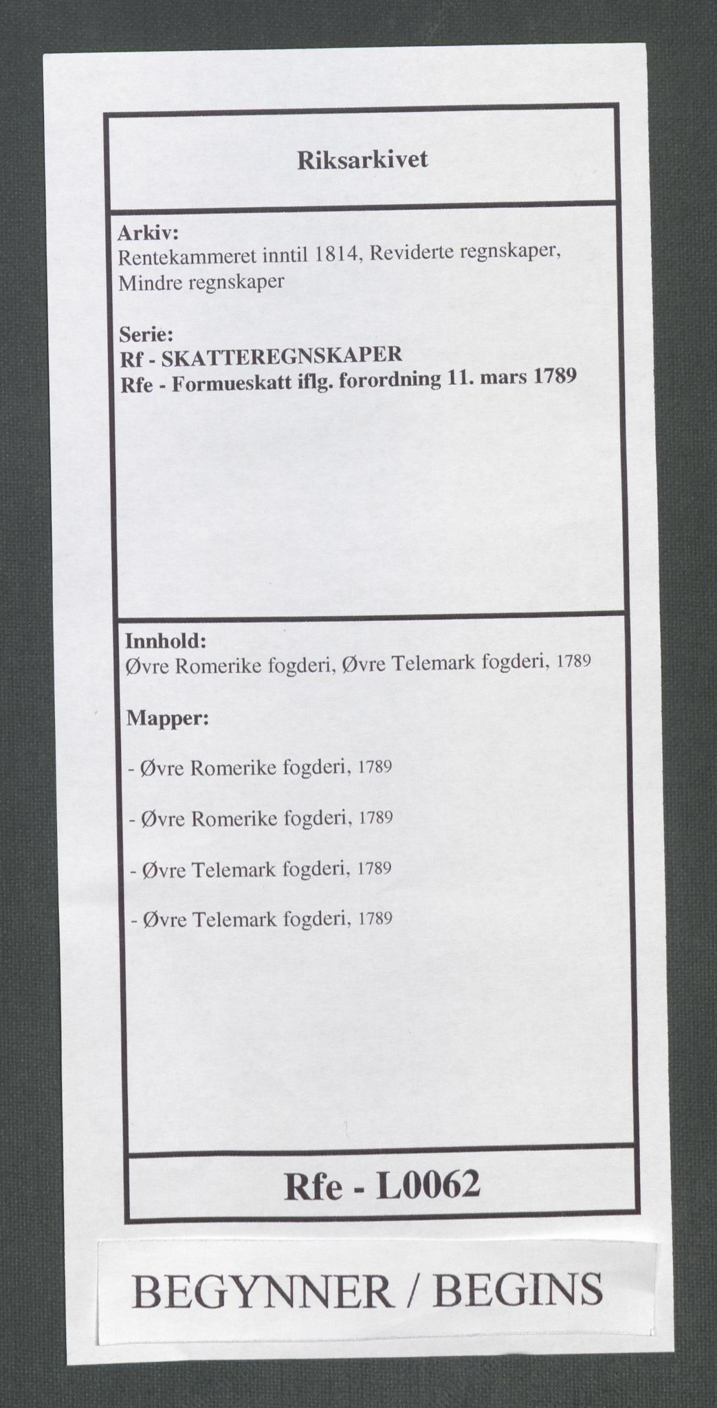 Rentekammeret inntil 1814, Reviderte regnskaper, Mindre regnskaper, RA/EA-4068/Rf/Rfe/L0062: Øvre Romerike fogderi, Øvre Telemark fogderi, 1789, s. 1