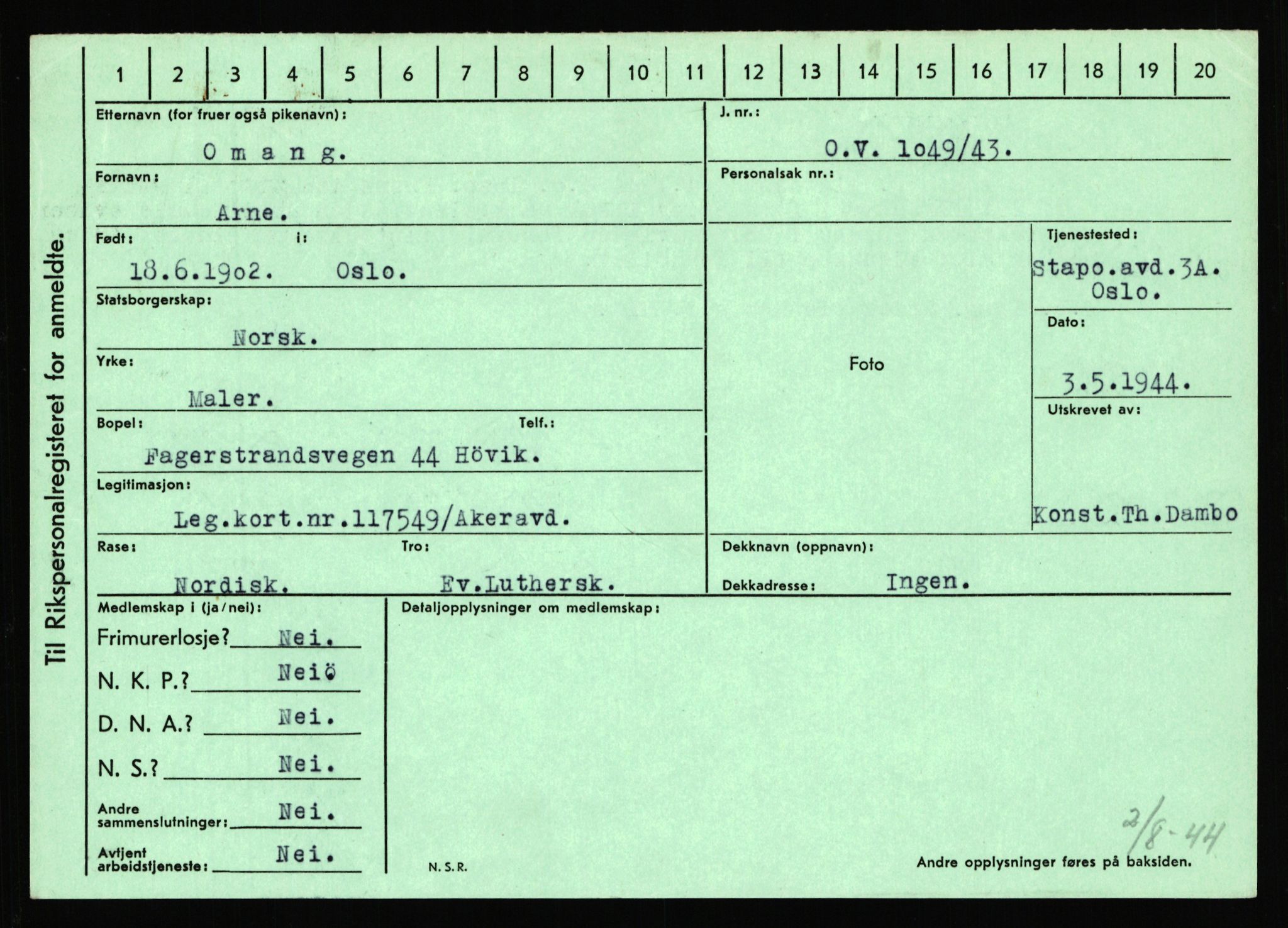 Statspolitiet - Hovedkontoret / Osloavdelingen, AV/RA-S-1329/C/Ca/L0012: Oanæs - Quistgaard	, 1943-1945, s. 2020