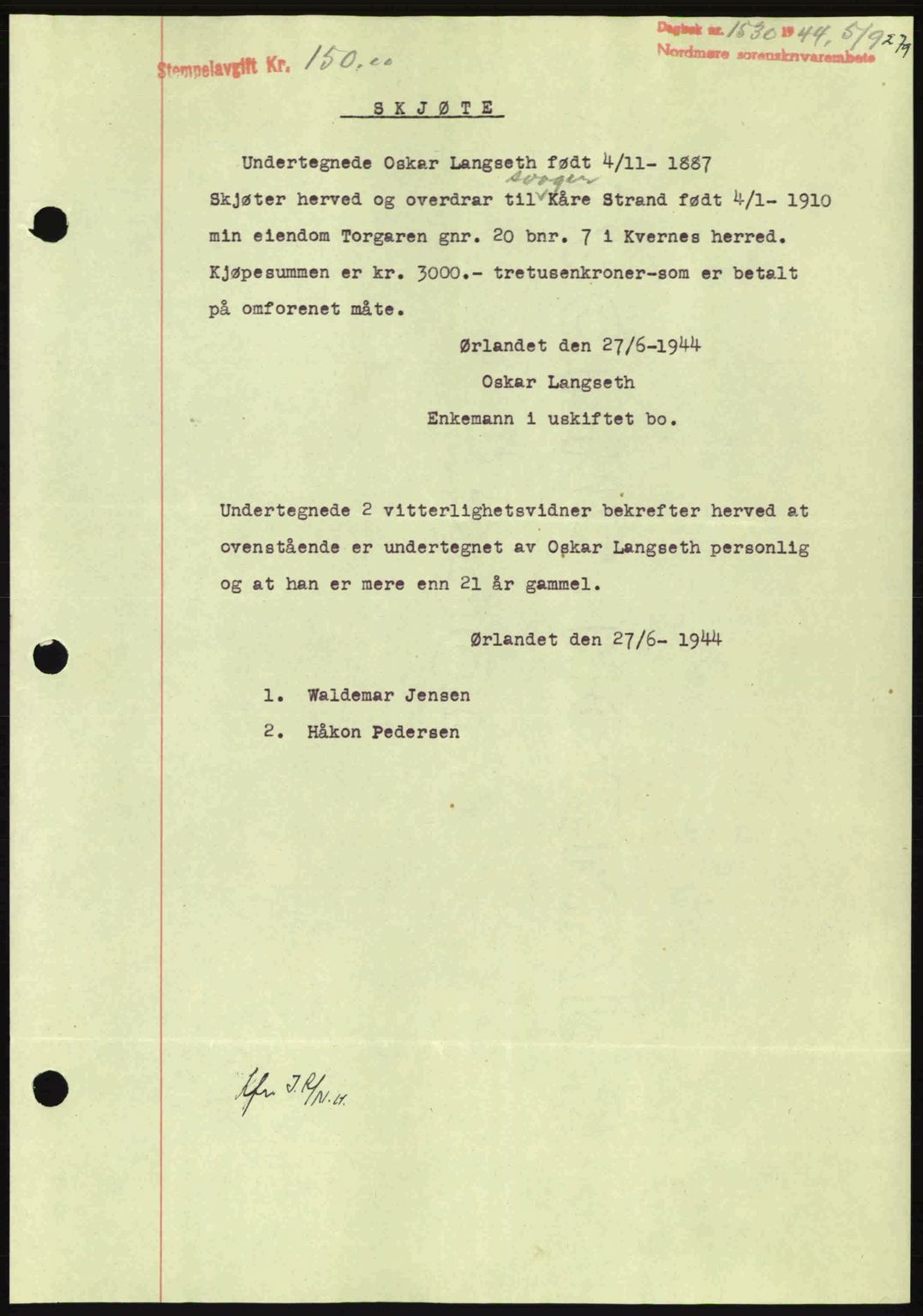 Nordmøre sorenskriveri, SAT/A-4132/1/2/2Ca: Pantebok nr. A98, 1944-1944, Dagboknr: 1530/1944