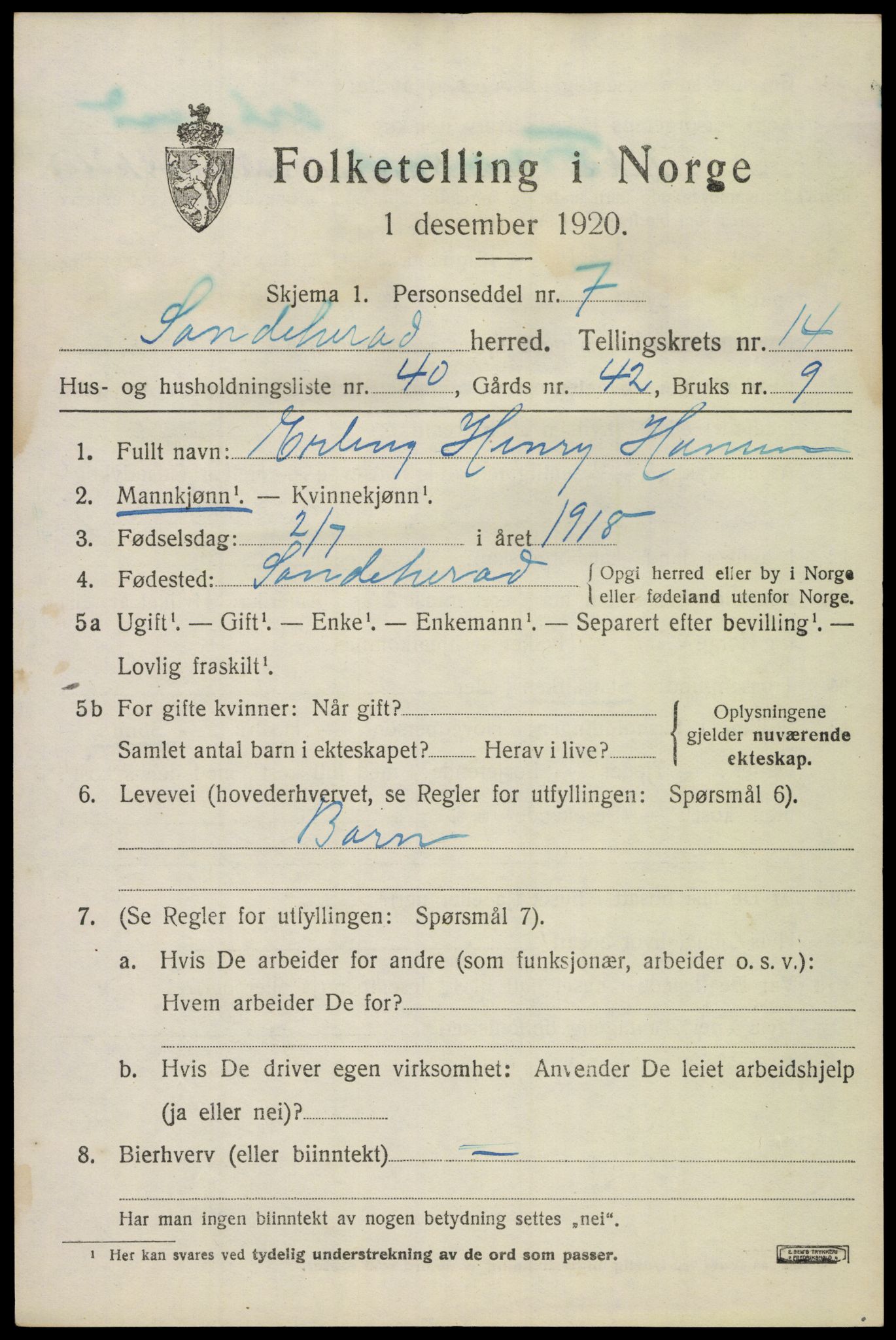 SAKO, Folketelling 1920 for 0724 Sandeherred herred, 1920, s. 20734