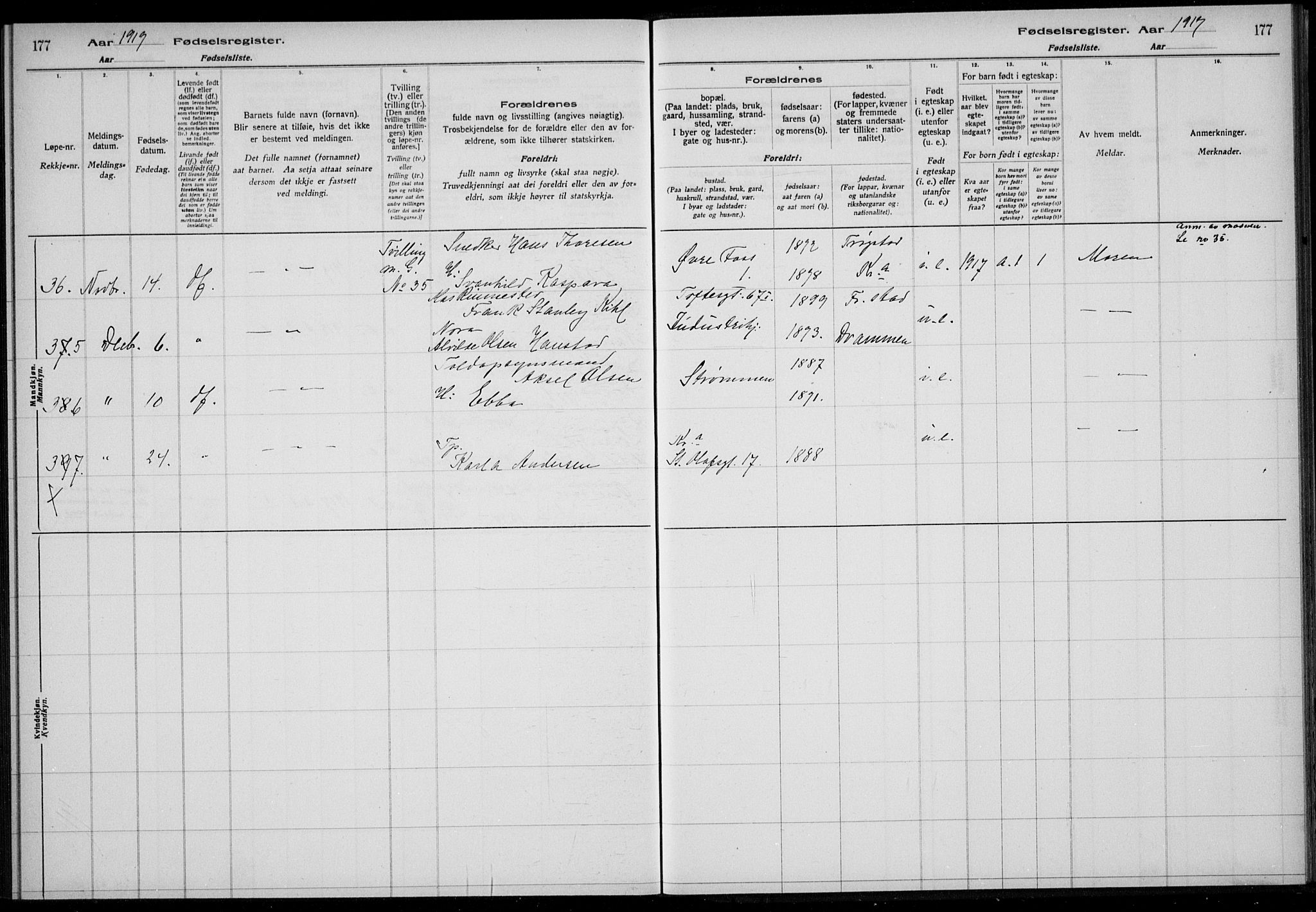 Rikshospitalet prestekontor Kirkebøker, AV/SAO-A-10309b/J/L0004: Fødselsregister nr. 4, 1919-1919, s. 177