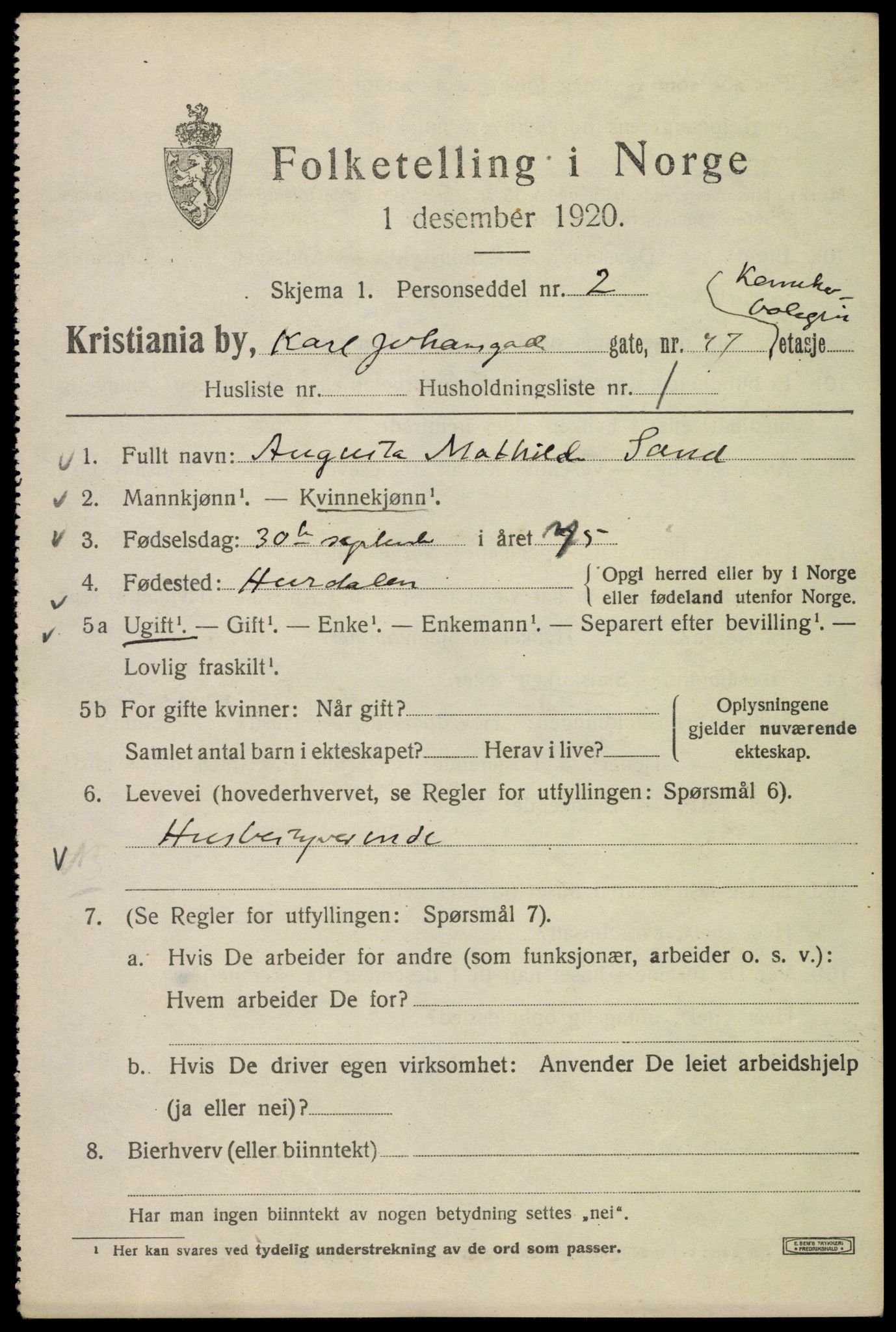 SAO, Folketelling 1920 for 0301 Kristiania kjøpstad, 1920, s. 328725