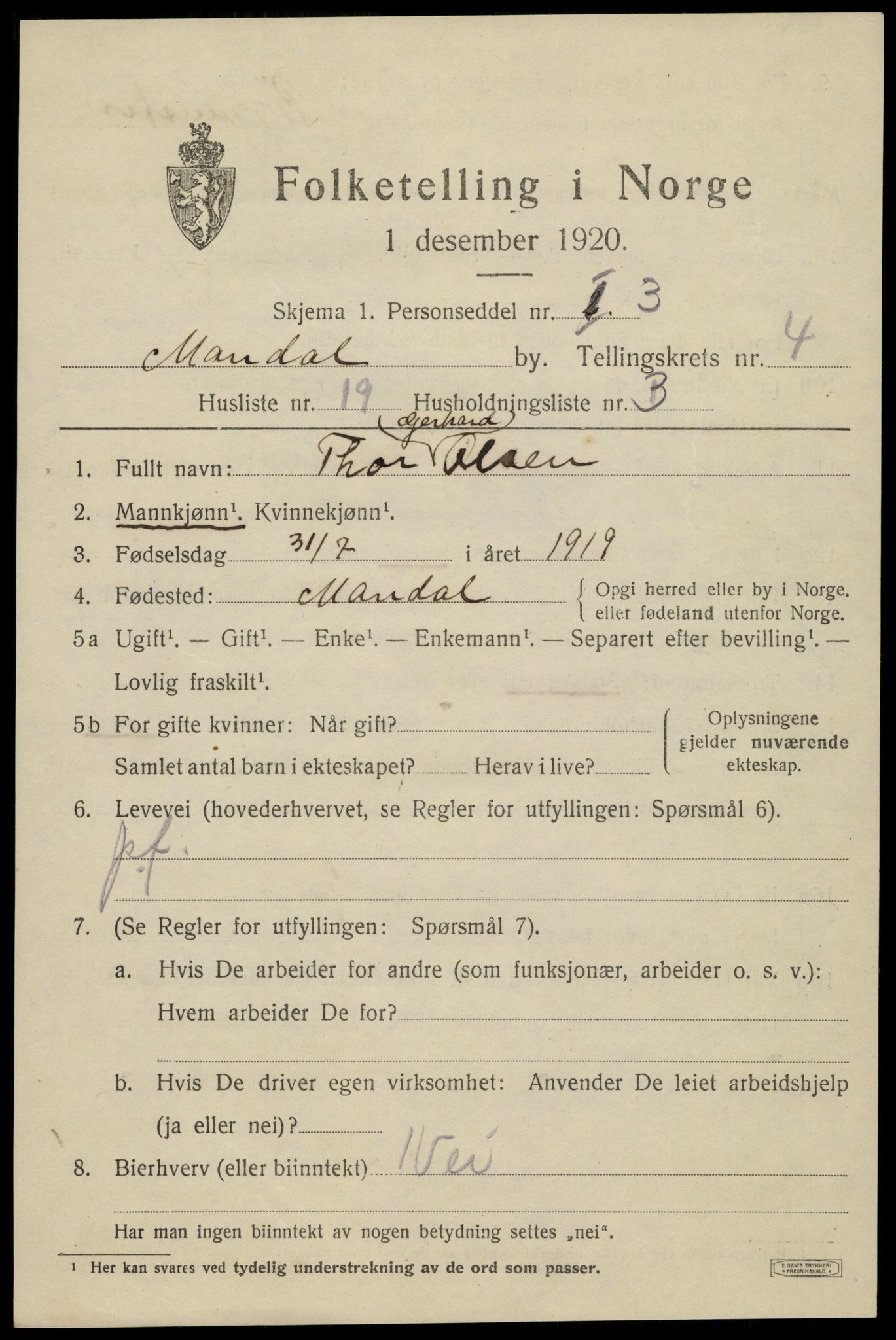 SAK, Folketelling 1920 for 1002 Mandal ladested, 1920, s. 7229