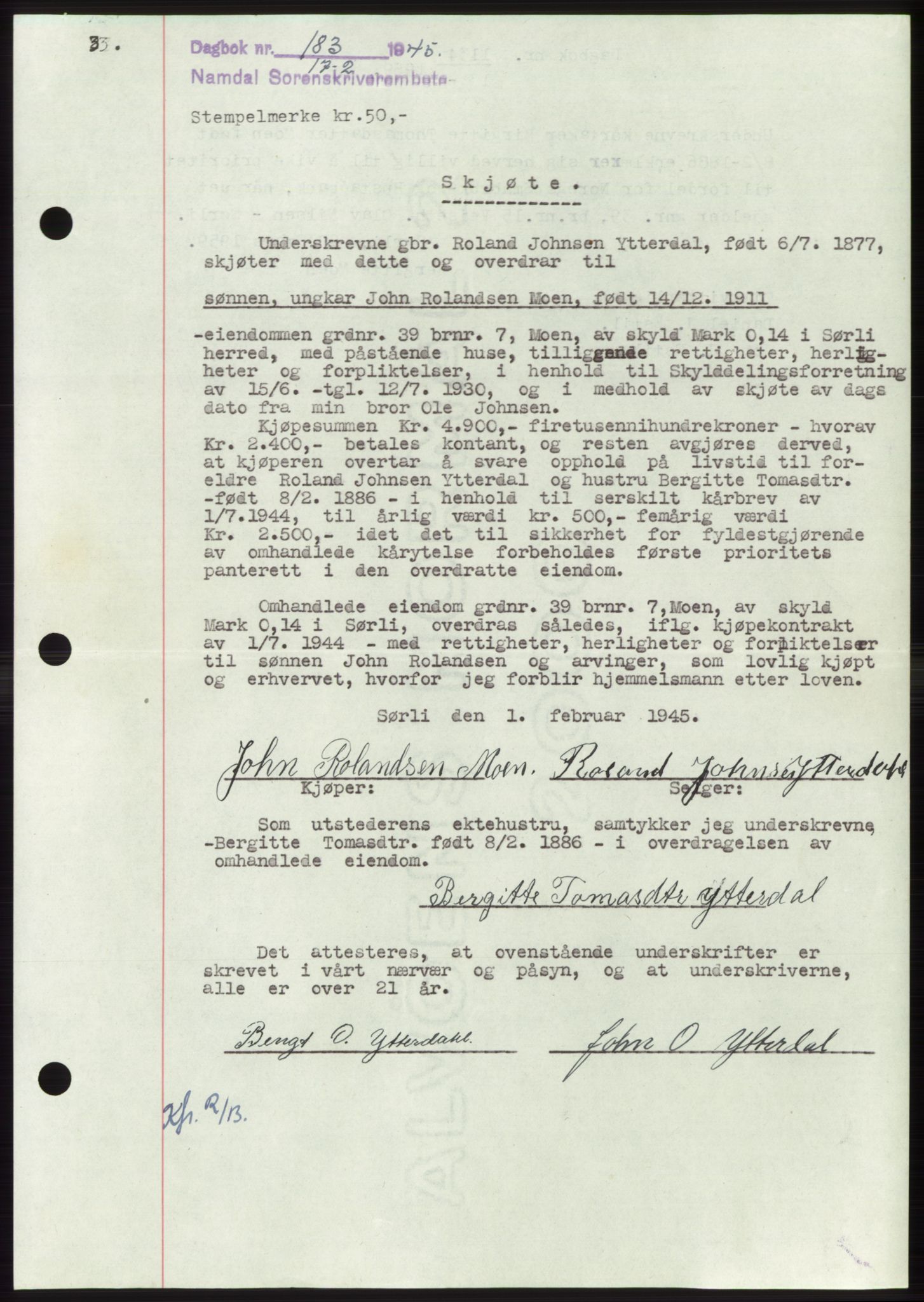 Namdal sorenskriveri, SAT/A-4133/1/2/2C: Pantebok nr. -, 1944-1945, Dagboknr: 183/1945