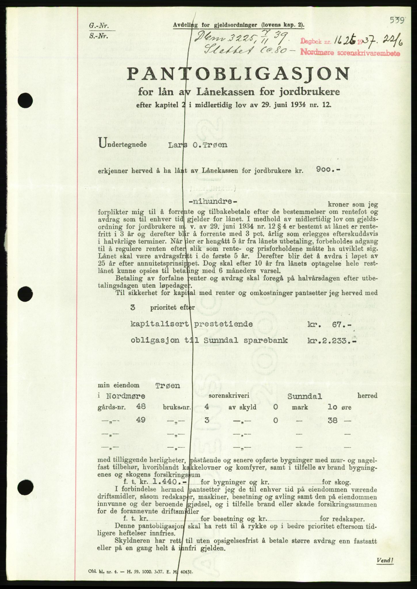 Nordmøre sorenskriveri, AV/SAT-A-4132/1/2/2Ca/L0091: Pantebok nr. B81, 1937-1937, Dagboknr: 1626/1937