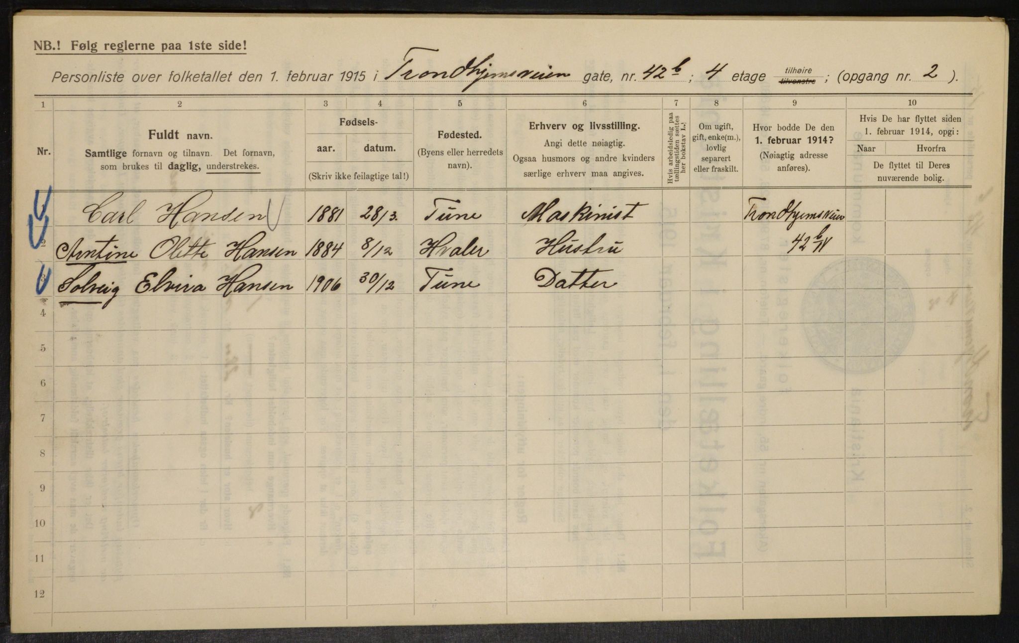 OBA, Kommunal folketelling 1.2.1915 for Kristiania, 1915, s. 116999