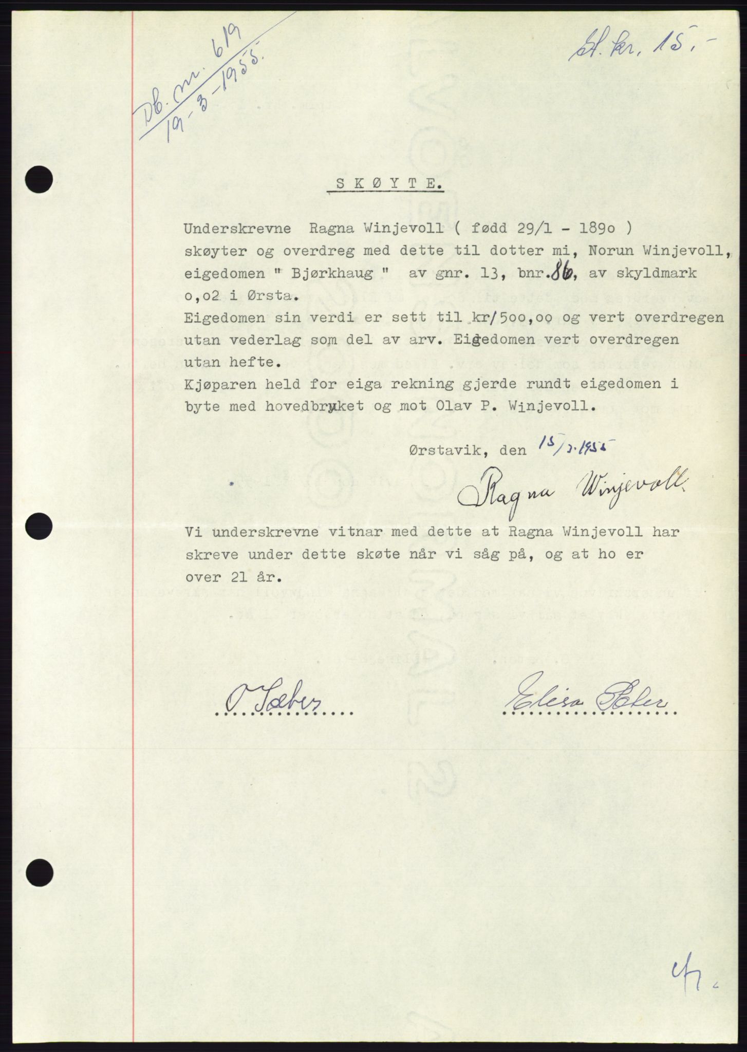 Søre Sunnmøre sorenskriveri, AV/SAT-A-4122/1/2/2C/L0100: Pantebok nr. 26A, 1954-1955, Dagboknr: 619/1955