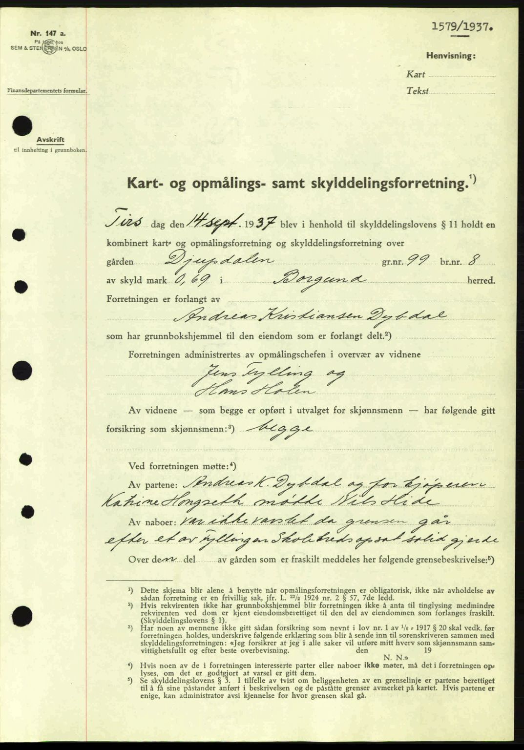 Nordre Sunnmøre sorenskriveri, SAT/A-0006/1/2/2C/2Ca: Pantebok nr. A3, 1937-1937, Dagboknr: 1579/1937