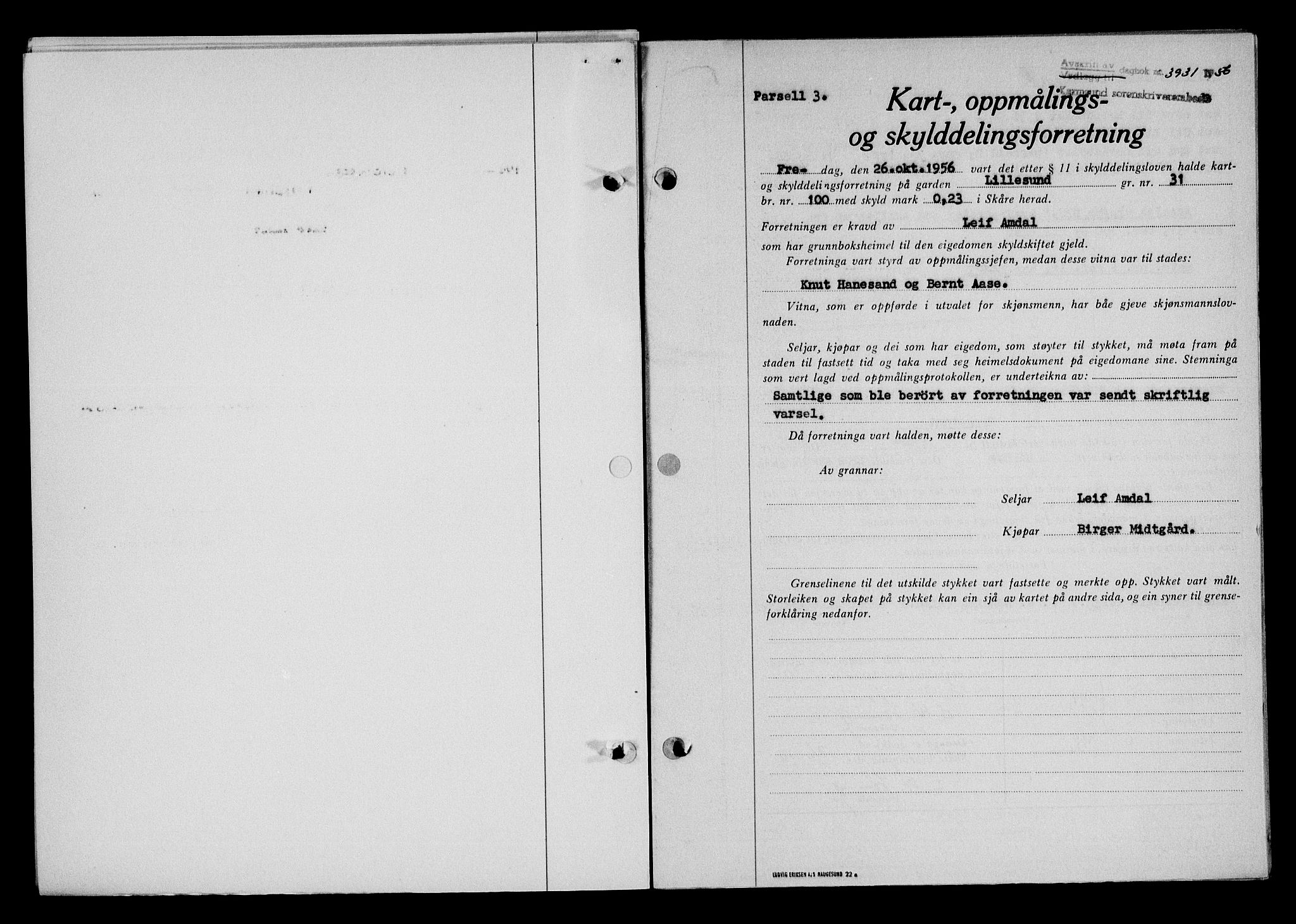 Karmsund sorenskriveri, SAST/A-100311/01/II/IIB/L0122: Pantebok nr. 102A, 1956-1956, Dagboknr: 3931/1956