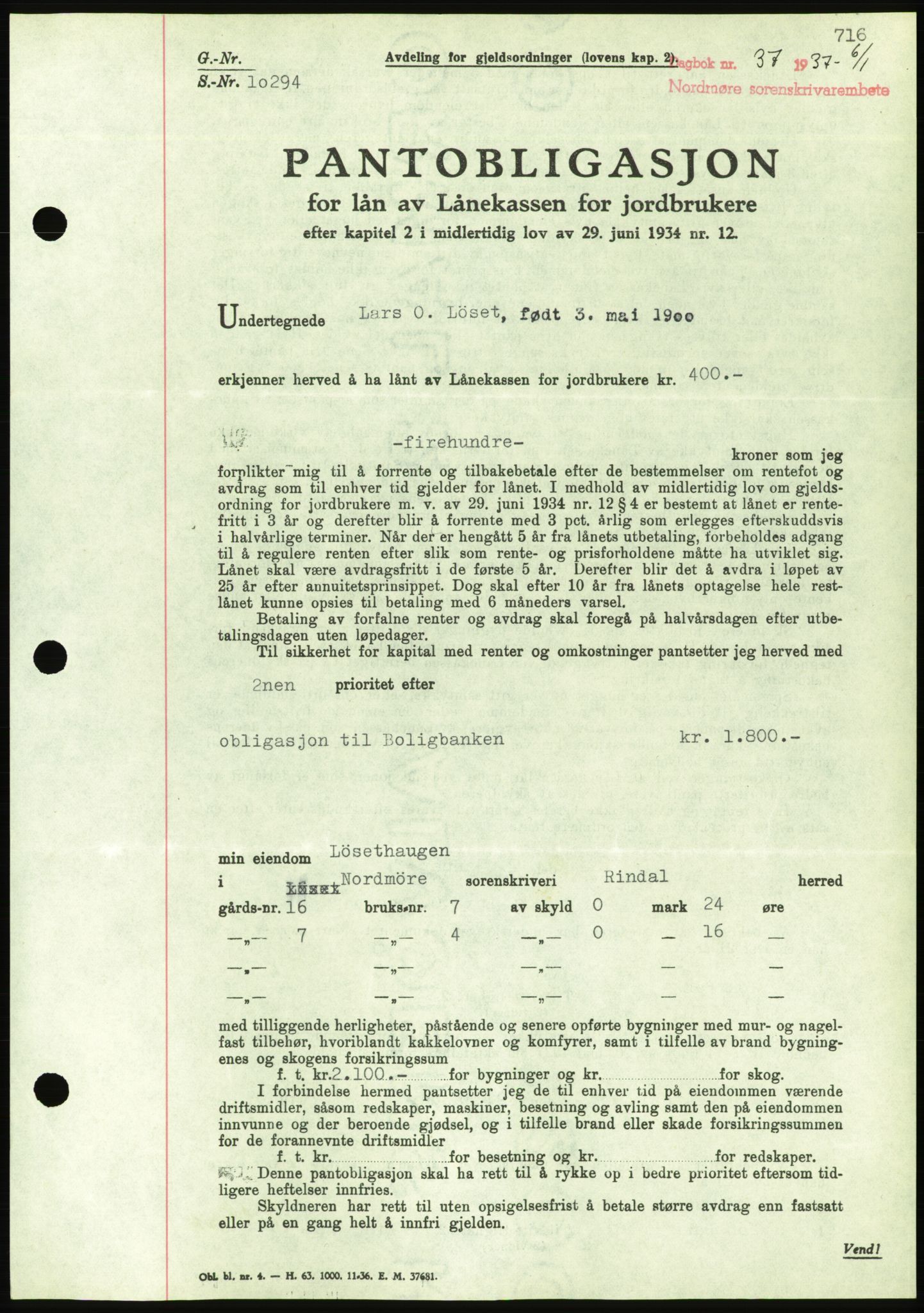 Nordmøre sorenskriveri, AV/SAT-A-4132/1/2/2Ca/L0090: Pantebok nr. B80, 1936-1937, Dagboknr: 37/1937