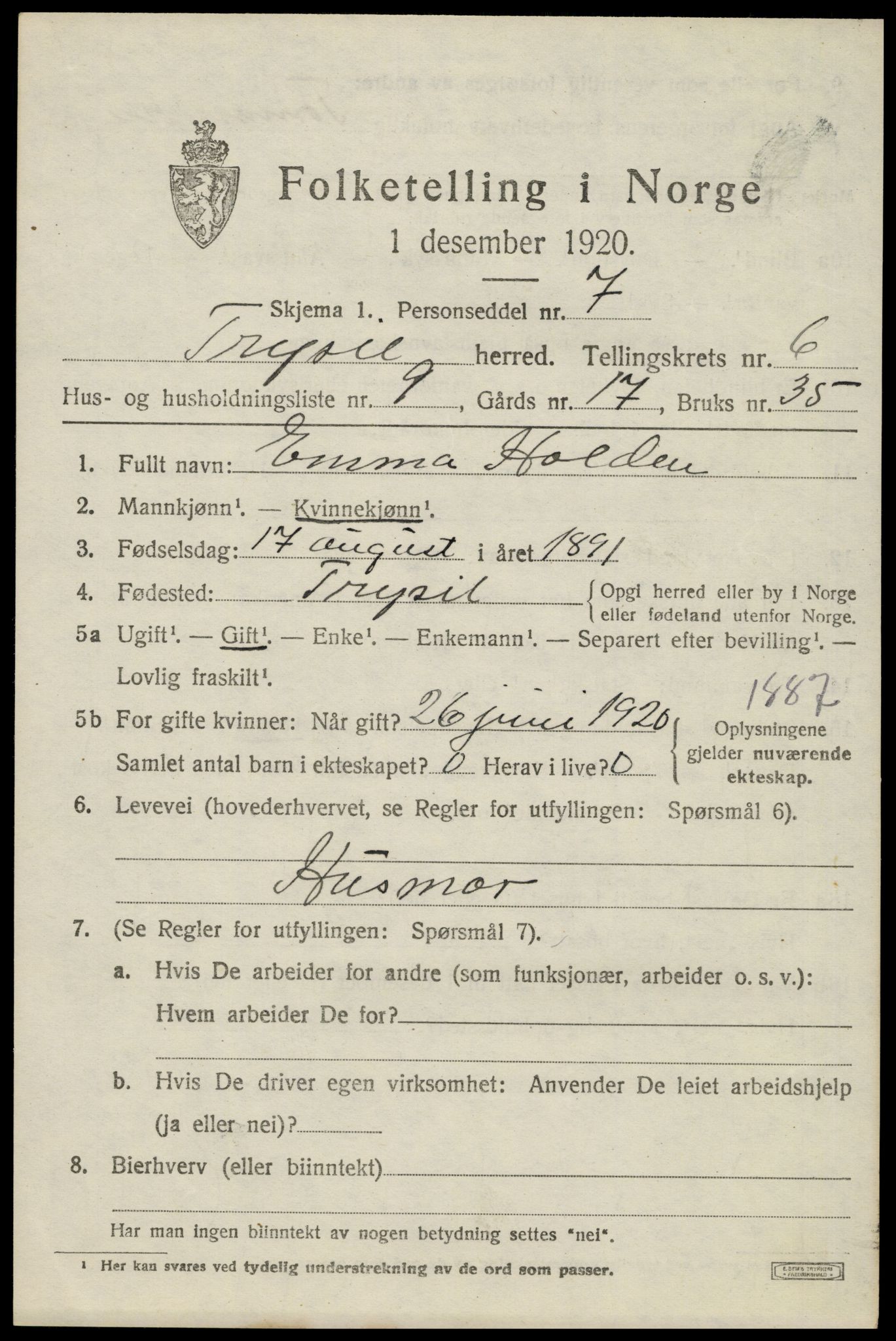 SAH, Folketelling 1920 for 0428 Trysil herred, 1920, s. 4647