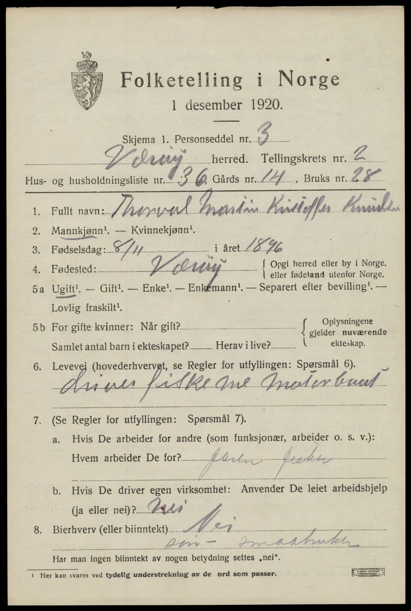 SAT, Folketelling 1920 for 1857 Værøy herred, 1920, s. 1421