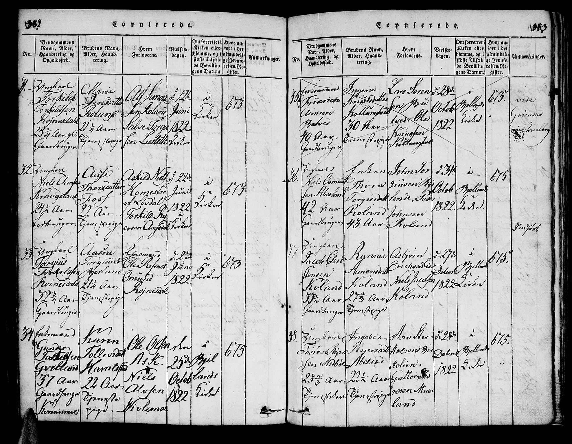 Bjelland sokneprestkontor, AV/SAK-1111-0005/F/Fa/Faa/L0002: Ministerialbok nr. A 2, 1816-1866, s. 382-383