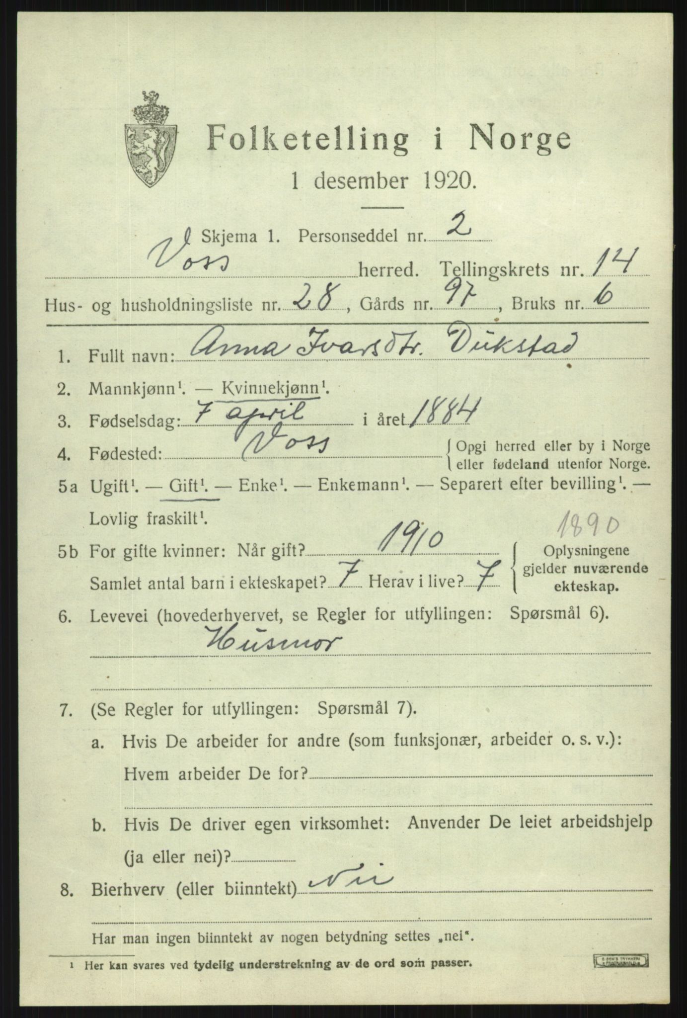 SAB, Folketelling 1920 for 1235 Voss herred, 1920, s. 12035