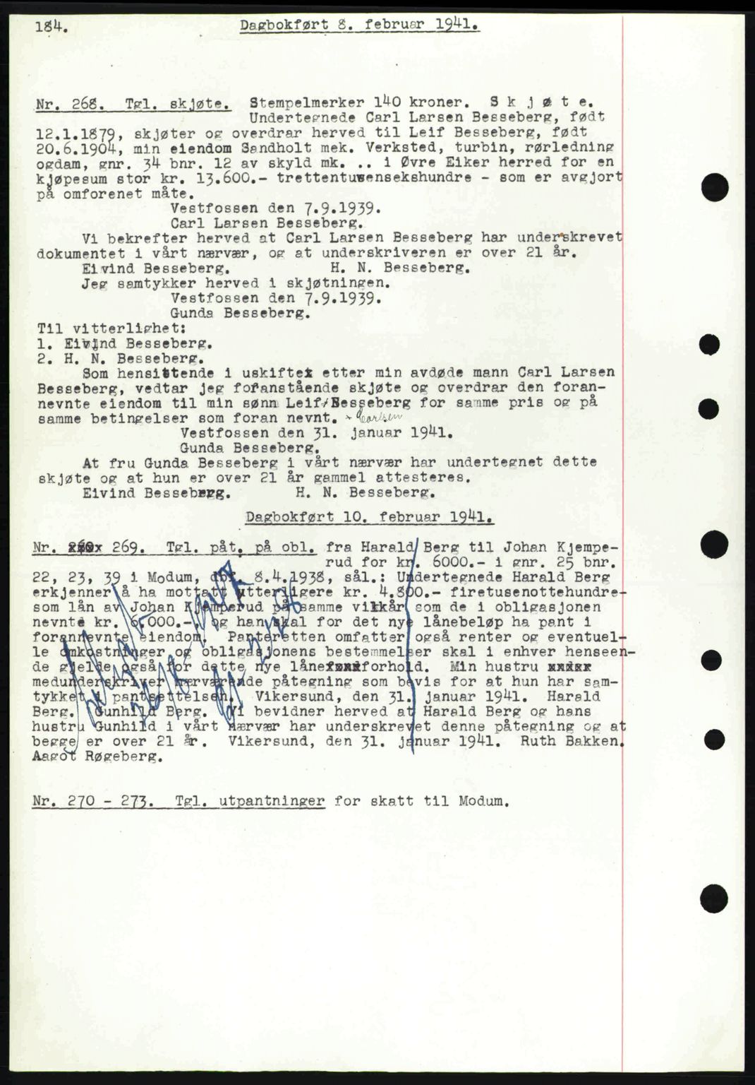 Eiker, Modum og Sigdal sorenskriveri, SAKO/A-123/G/Ga/Gab/L0043: Pantebok nr. A13, 1940-1941, Dagboknr: 268/1941