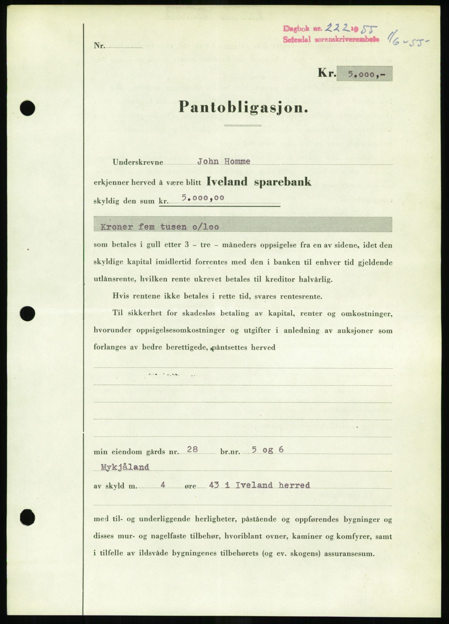 Setesdal sorenskriveri, SAK/1221-0011/G/Gb/L0052: Pantebok nr. B 40, 1954-1955, Dagboknr: 222/1955