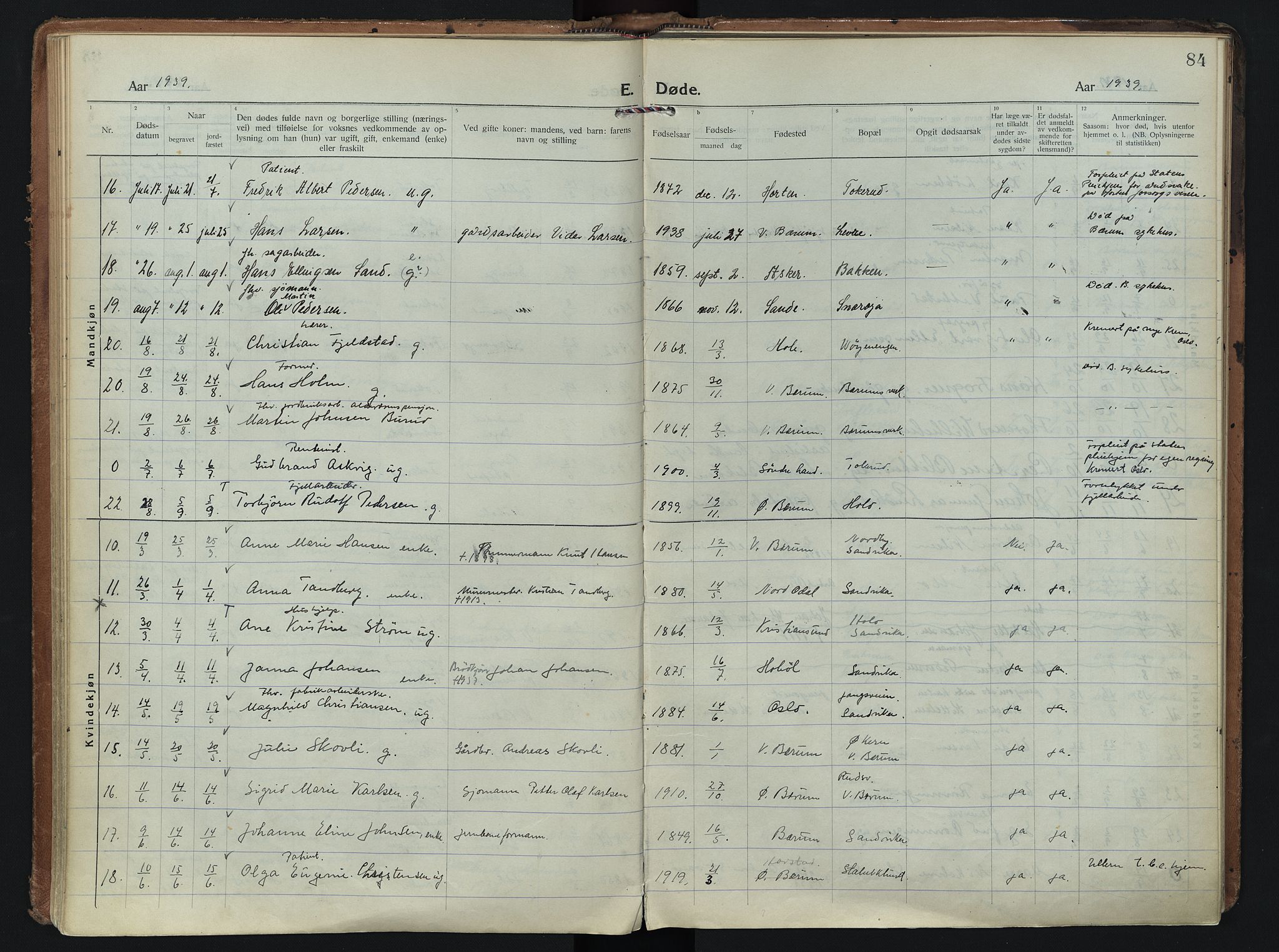 Vestre Bærum prestekontor Kirkebøker, AV/SAO-A-10209a/F/Fa/L0005: Ministerialbok nr. 5, 1922-1962, s. 84