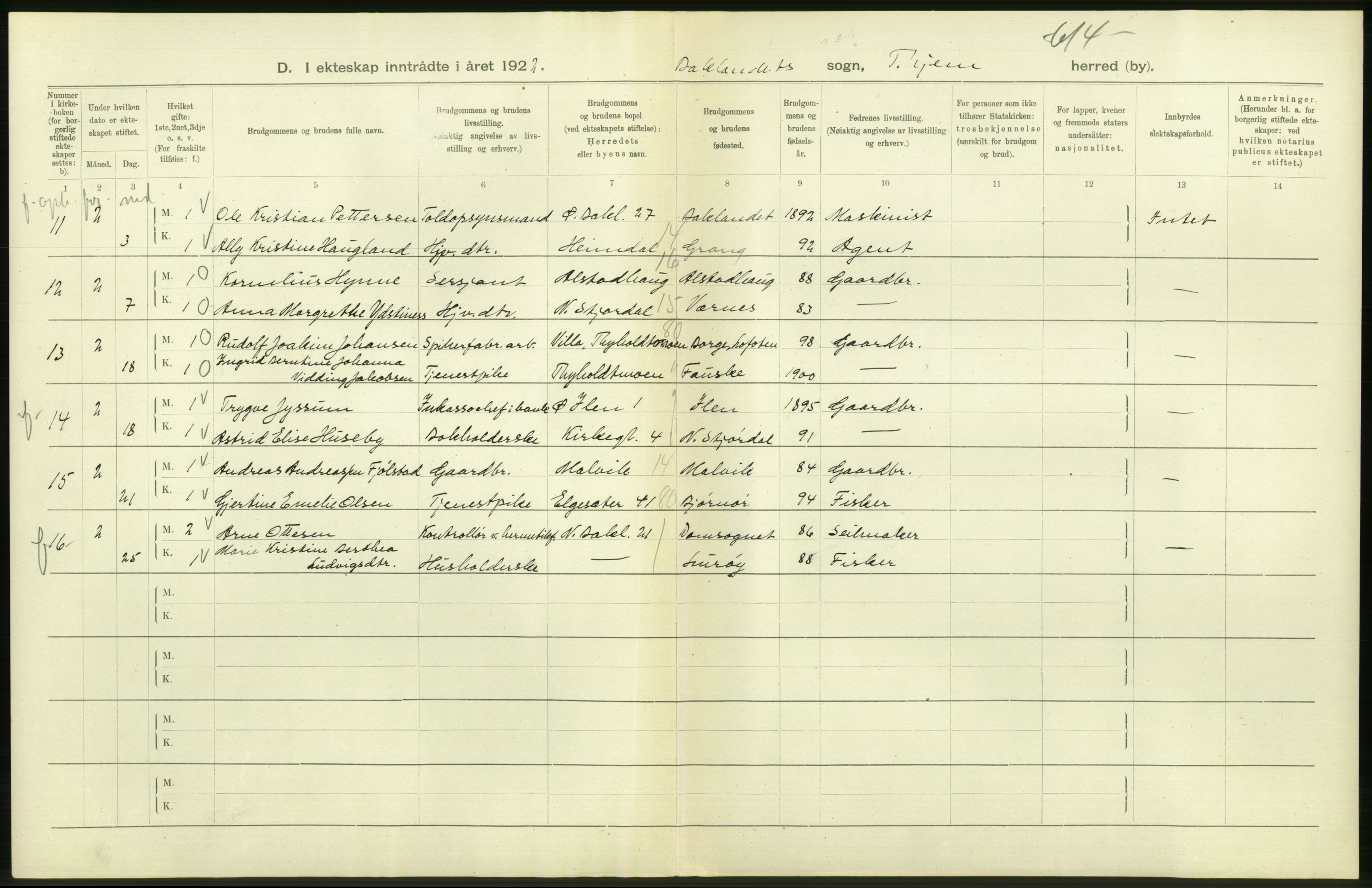 Statistisk sentralbyrå, Sosiodemografiske emner, Befolkning, AV/RA-S-2228/D/Df/Dfc/Dfcb/L0040: Trondheim: Gifte, døde, dødfødte., 1922, s. 84