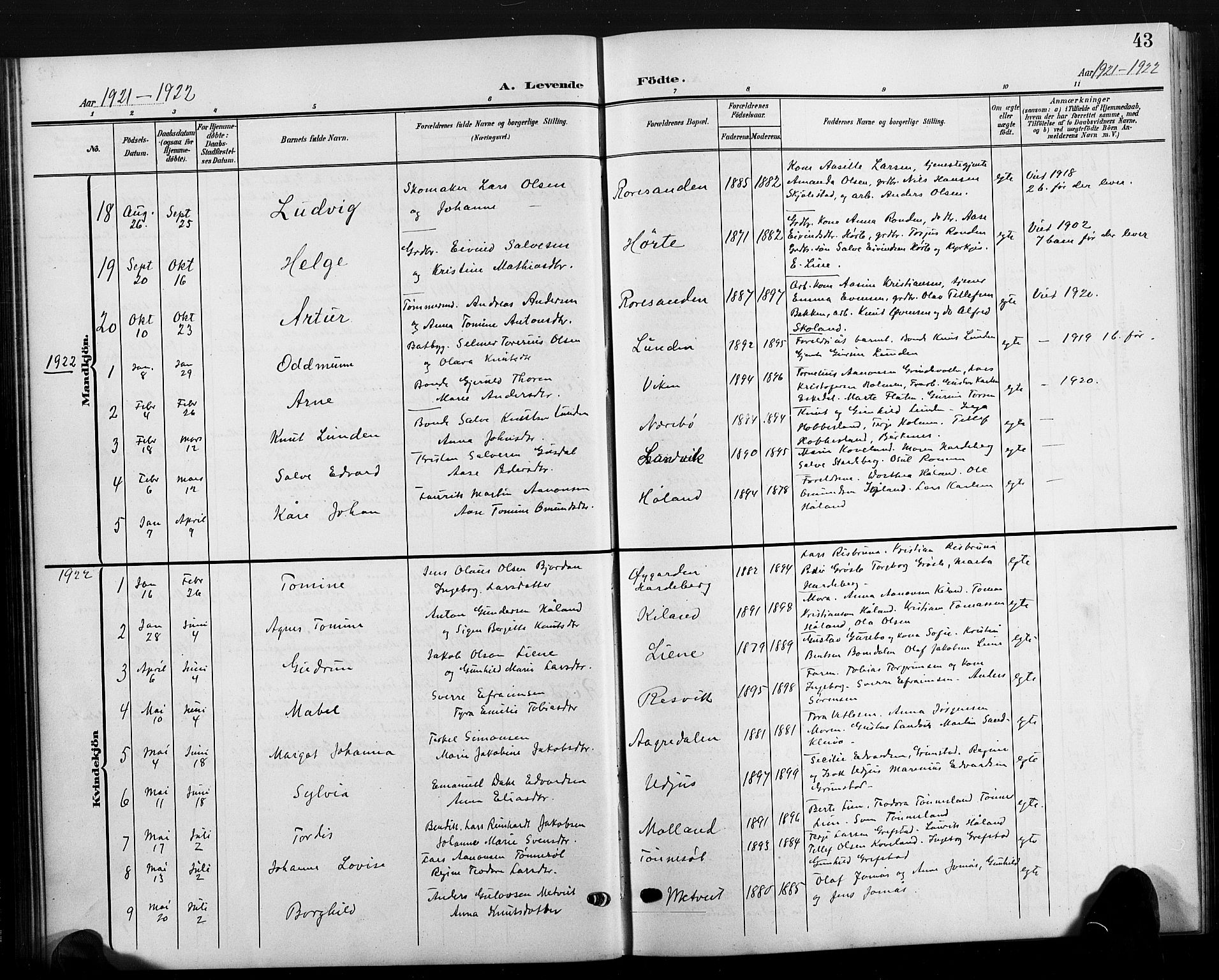 Hommedal sokneprestkontor, AV/SAK-1111-0023/F/Fb/Fbb/L0008: Klokkerbok nr. B 8, 1905-1929, s. 43