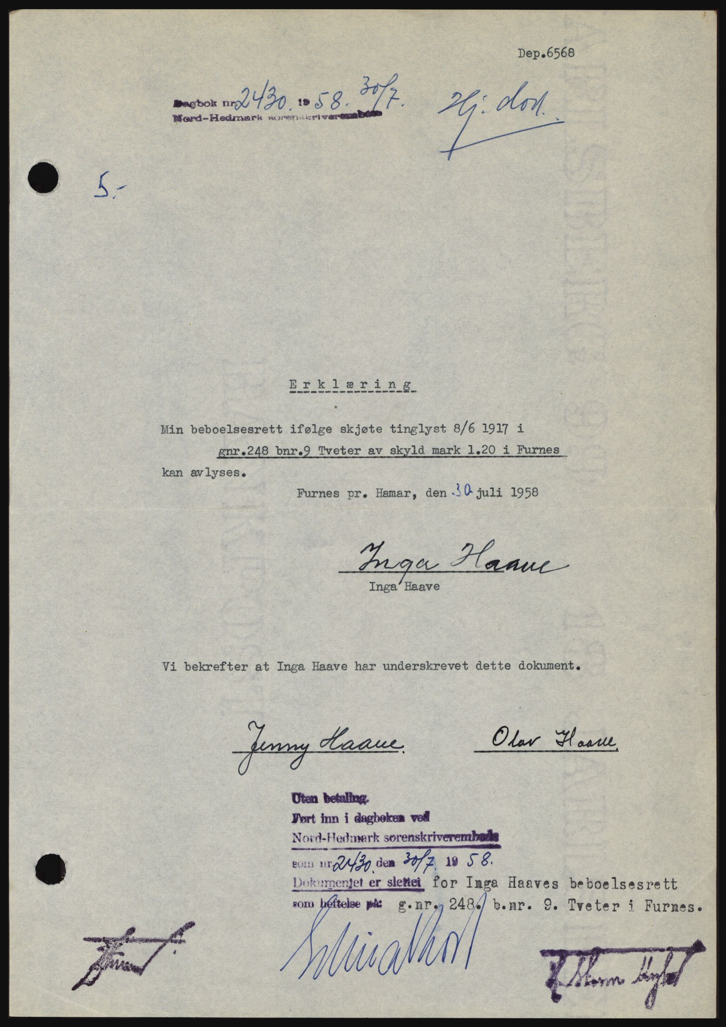 Nord-Hedmark sorenskriveri, SAH/TING-012/H/Hc/L0012: Pantebok nr. 12, 1957-1958, Dagboknr: 2430/1958