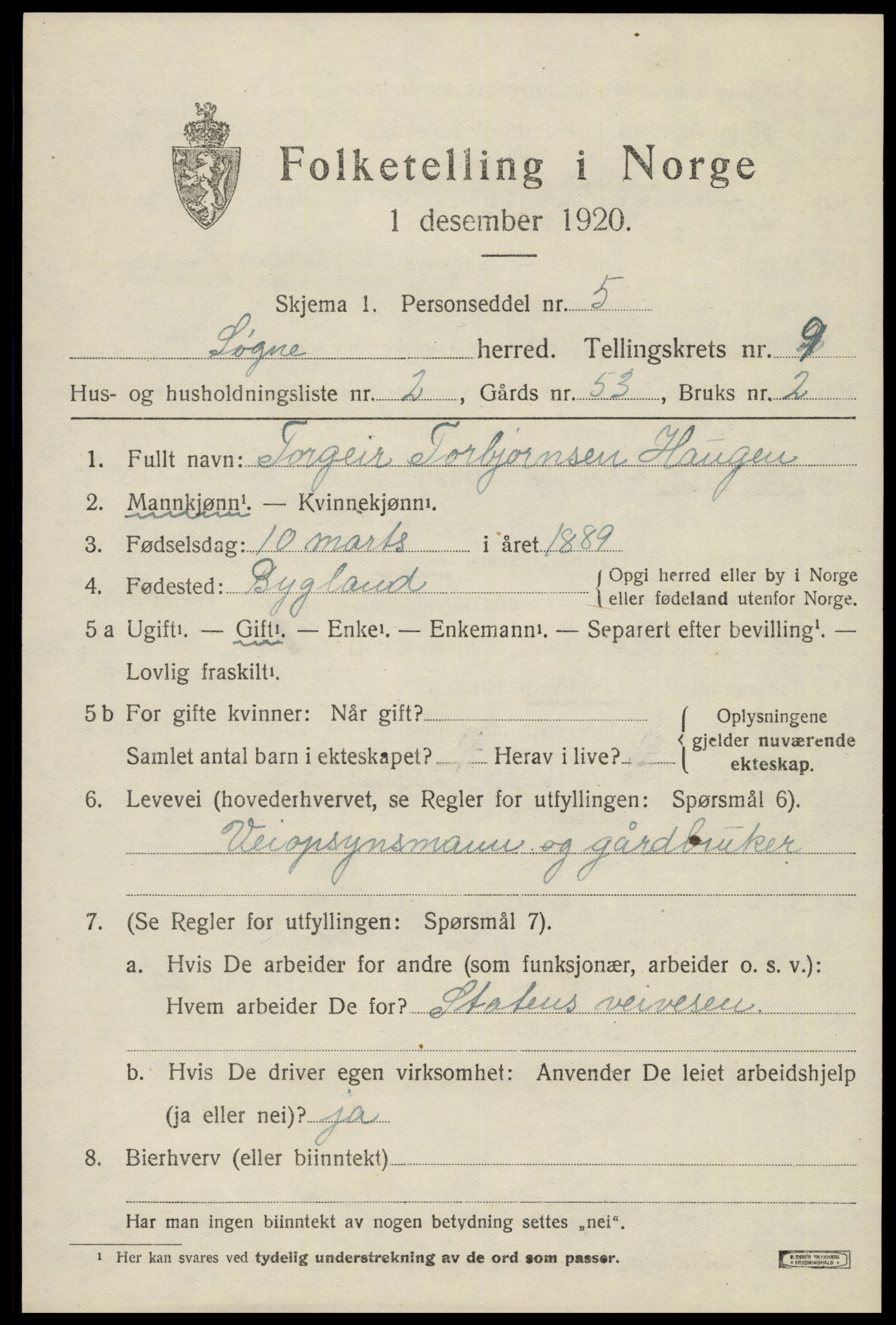 SAK, Folketelling 1920 for 1018 Søgne herred, 1920, s. 5317