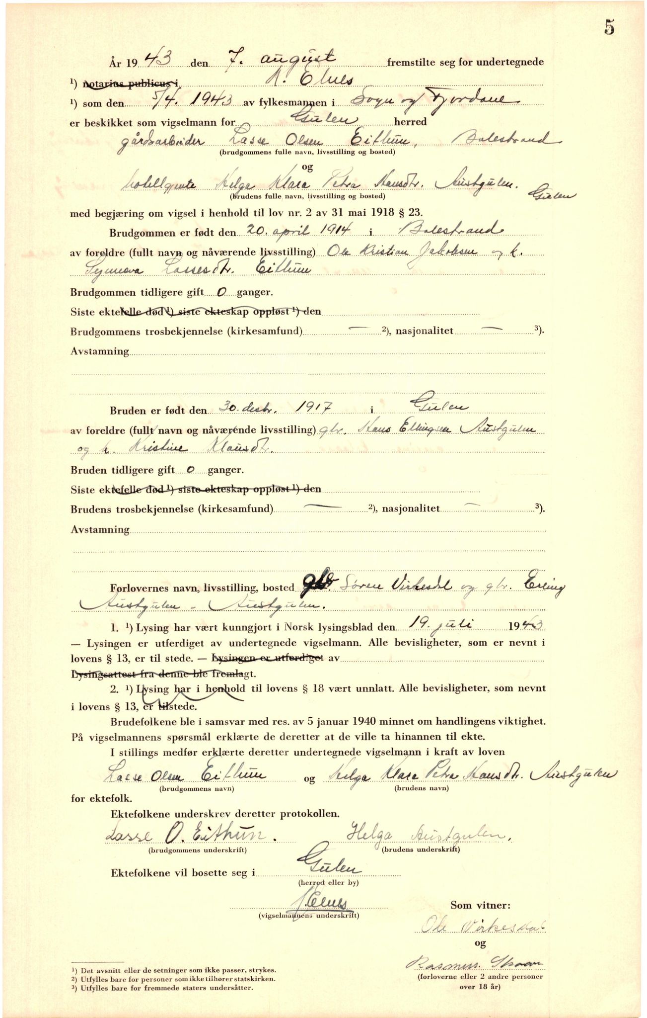 Ytre Sogn tingrett, AV/SAB-A-2601/1/M/Ma/L0003: Vigselsbok, 1943-1945, s. 5