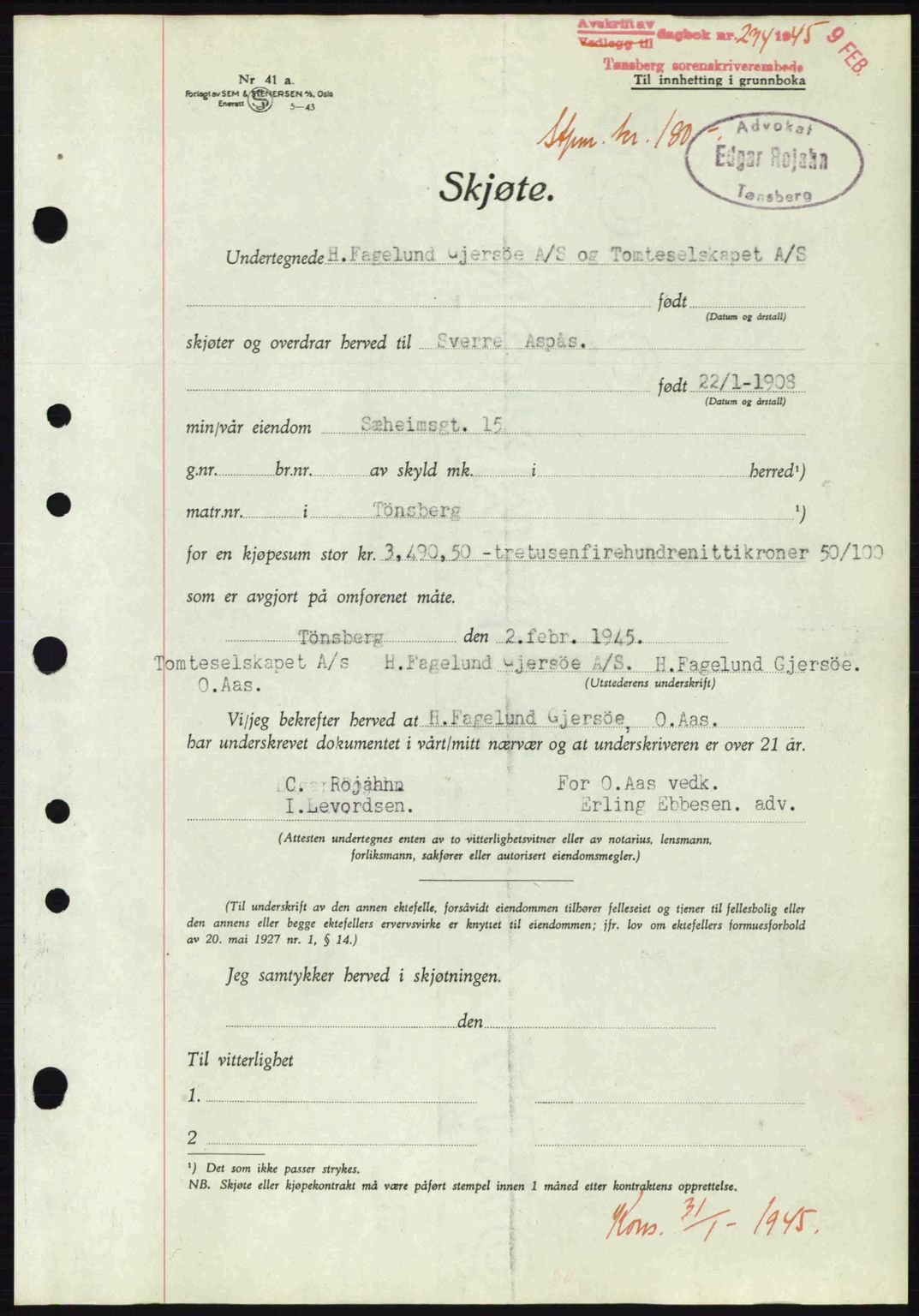 Tønsberg sorenskriveri, AV/SAKO-A-130/G/Ga/Gaa/L0016: Pantebok nr. A16, 1944-1945, Dagboknr: 274/1945