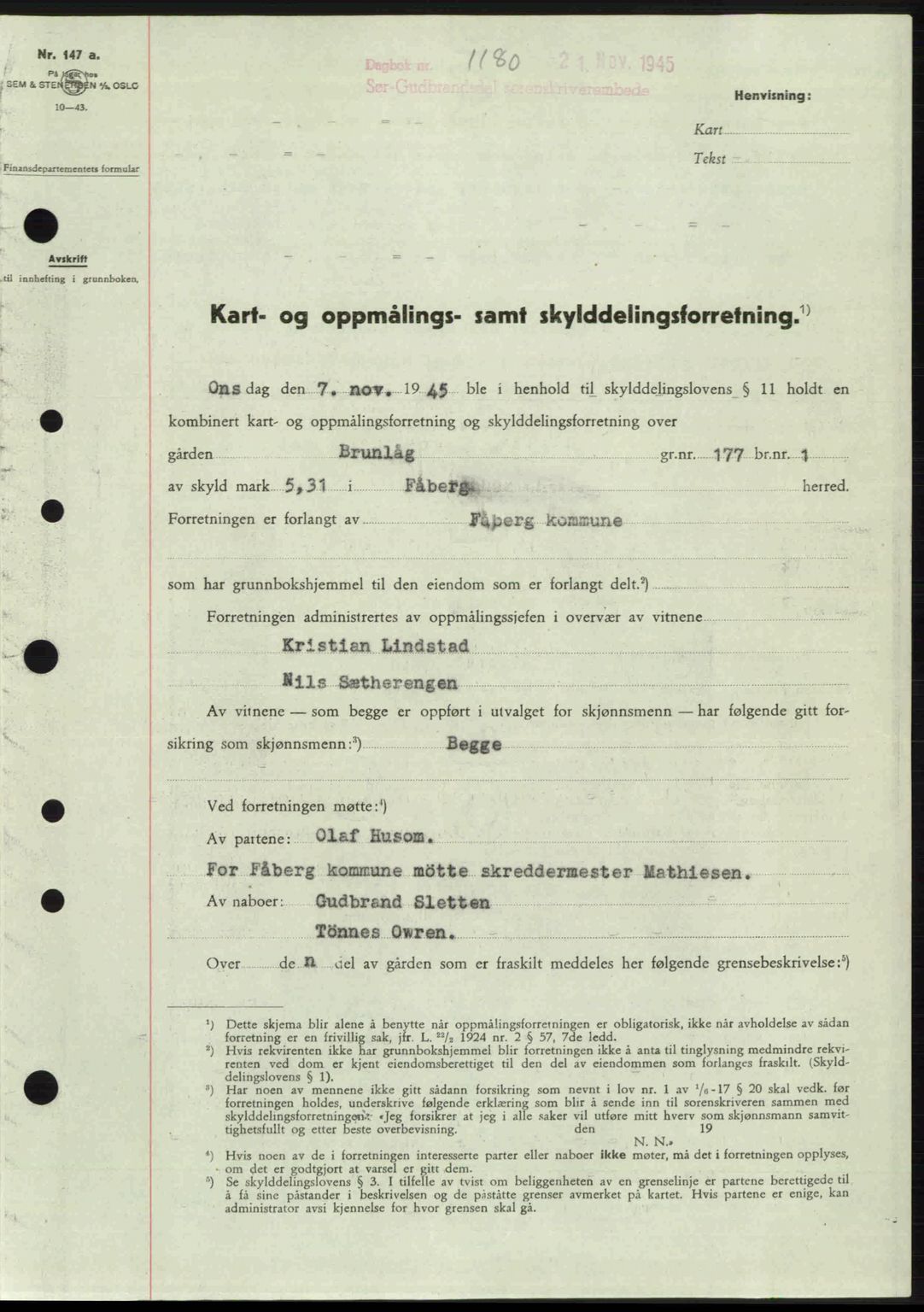 Sør-Gudbrandsdal tingrett, SAH/TING-004/H/Hb/Hbd/L0015: Pantebok nr. A15, 1945-1946, Dagboknr: 1180/1945