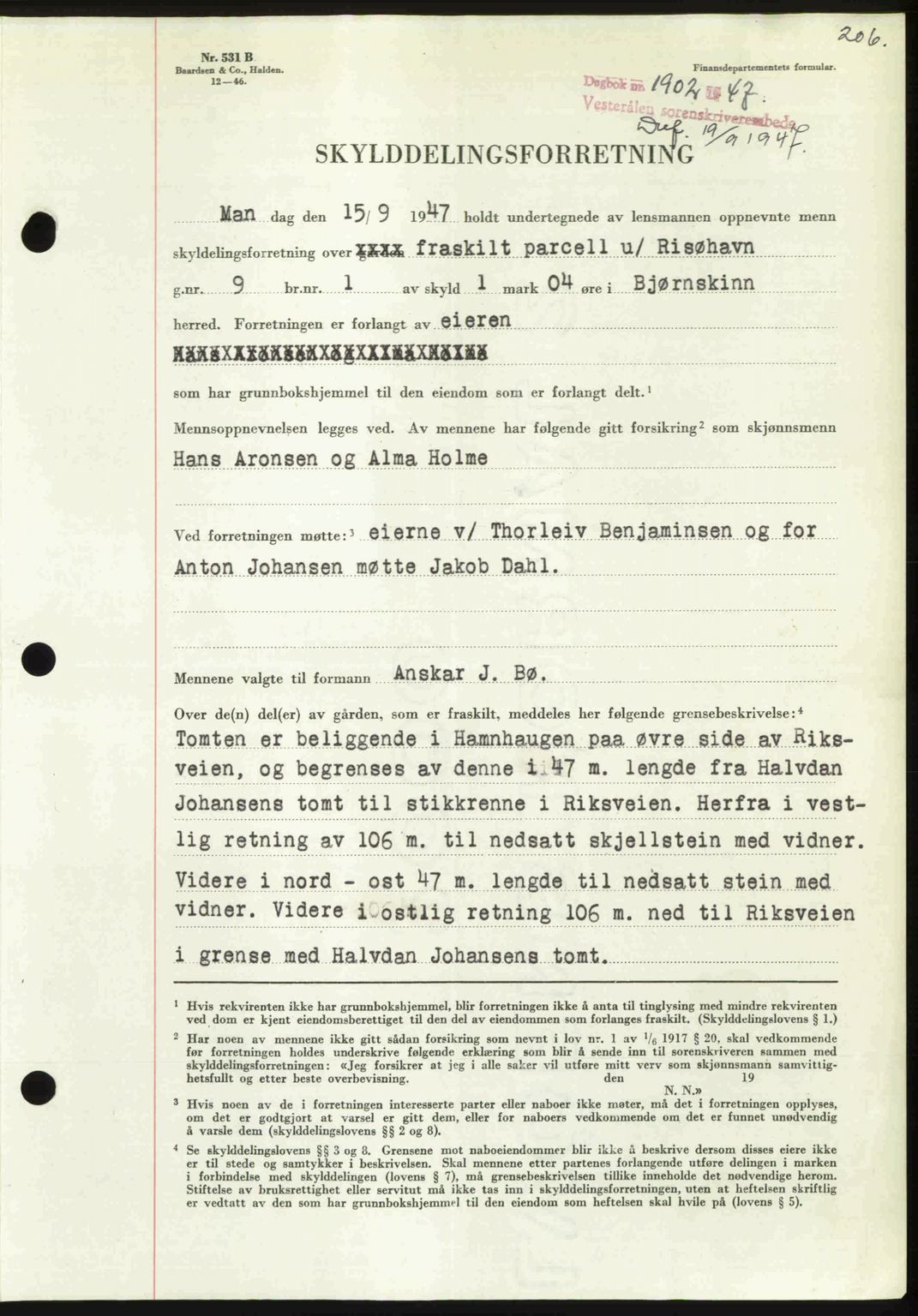 Vesterålen sorenskriveri, SAT/A-4180/1/2/2Ca: Pantebok nr. A21, 1947-1947, Dagboknr: 1920/1947