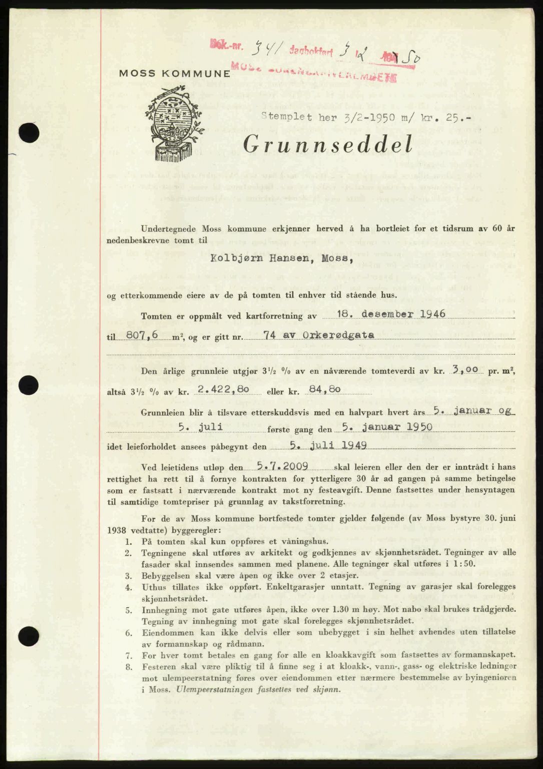 Moss sorenskriveri, SAO/A-10168: Pantebok nr. A25, 1950-1950, Dagboknr: 341/1950