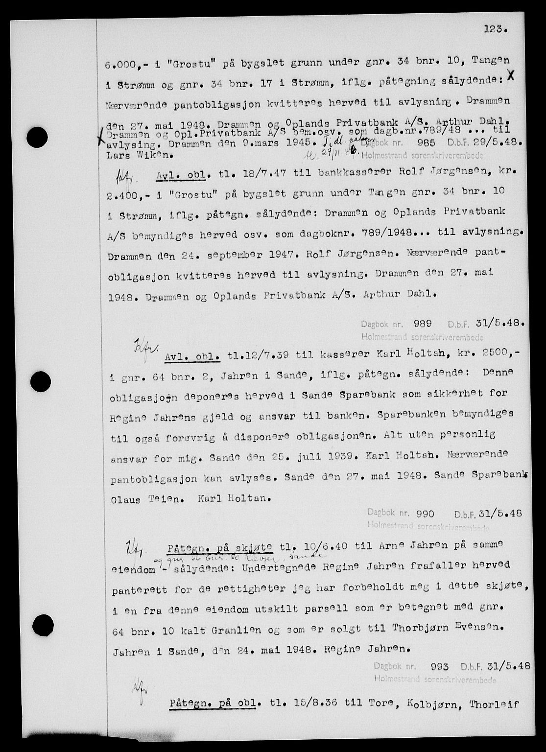 Holmestrand sorenskriveri, SAKO/A-67/G/Ga/Gab/L0058: Pantebok nr. B-58, 1947-1948, s. 123, Dagboknr: 985/1948