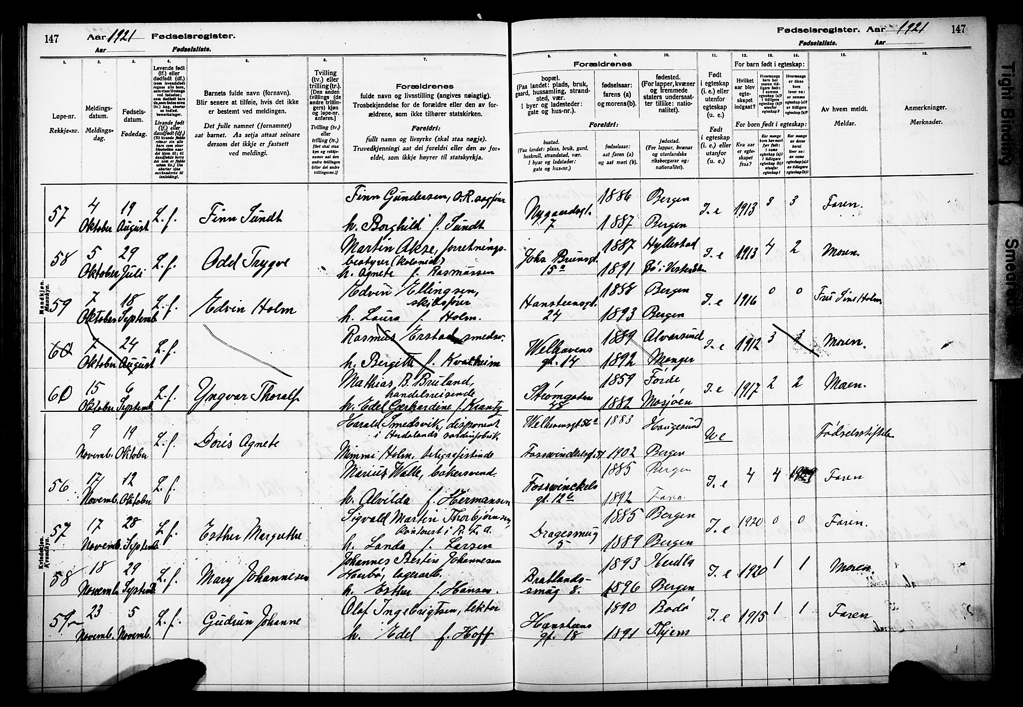 Johanneskirken sokneprestembete, AV/SAB-A-76001/I/Id/L00A1: Fødselsregister nr. A 1, 1916-1924, s. 147