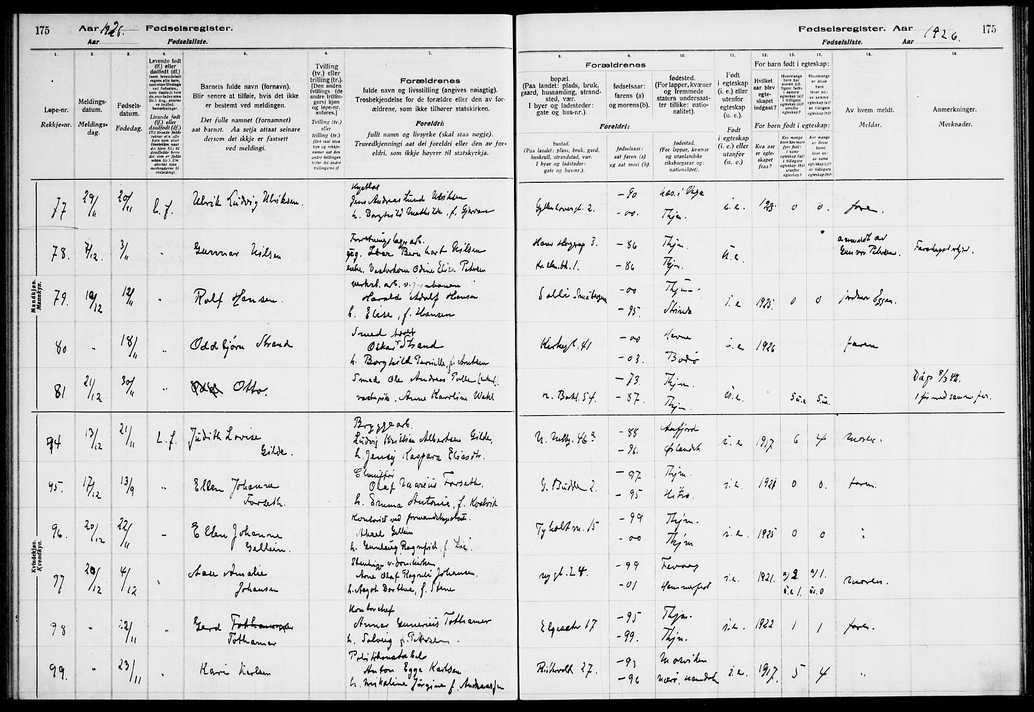 Ministerialprotokoller, klokkerbøker og fødselsregistre - Sør-Trøndelag, SAT/A-1456/604/L0233: Fødselsregister nr. 604.II.4.2, 1920-1928, s. 175