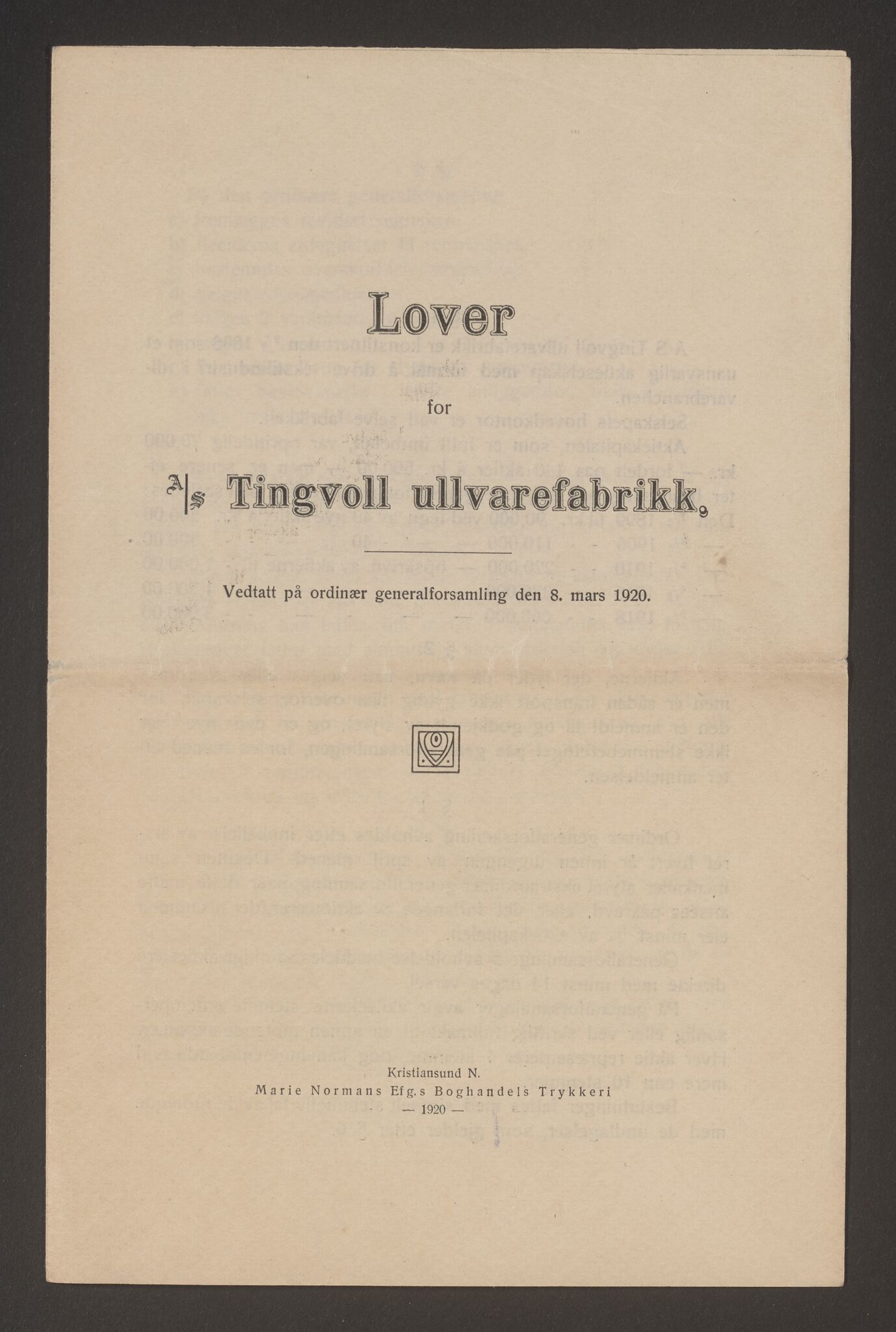 Tingvoll Ullvarefabrikk, IKAM/P-00482/X/Xa/L0002/0005: Egenproduserte trykksaker / Lover og vedtekter, 1920-1924