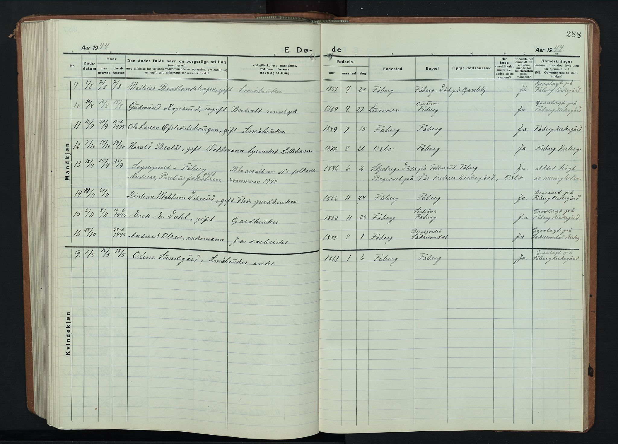 Fåberg prestekontor, SAH/PREST-086/H/Ha/Hab/L0014: Klokkerbok nr. 14, 1922-1946, s. 288