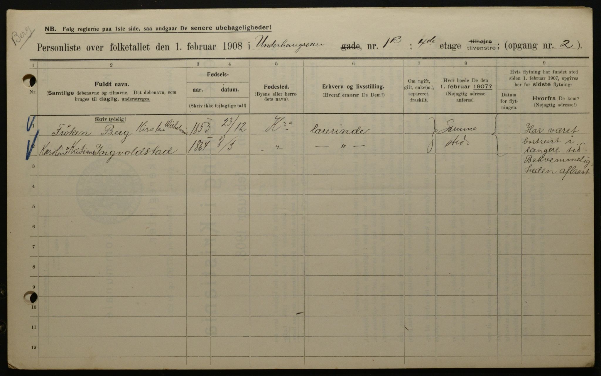 OBA, Kommunal folketelling 1.2.1908 for Kristiania kjøpstad, 1908, s. 107495