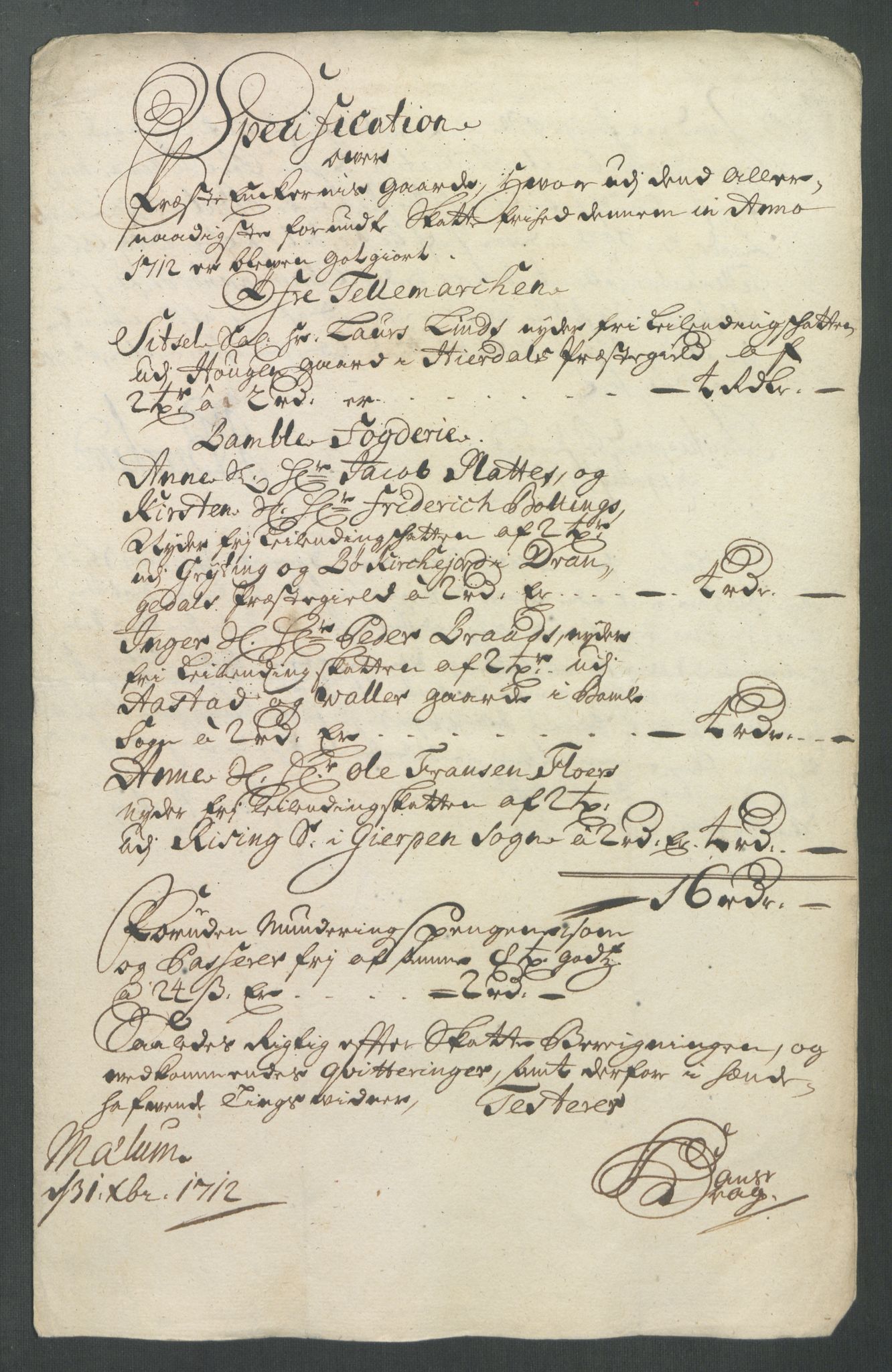 Rentekammeret inntil 1814, Reviderte regnskaper, Fogderegnskap, AV/RA-EA-4092/R36/L2123: Fogderegnskap Øvre og Nedre Telemark og Bamble, 1712, s. 256