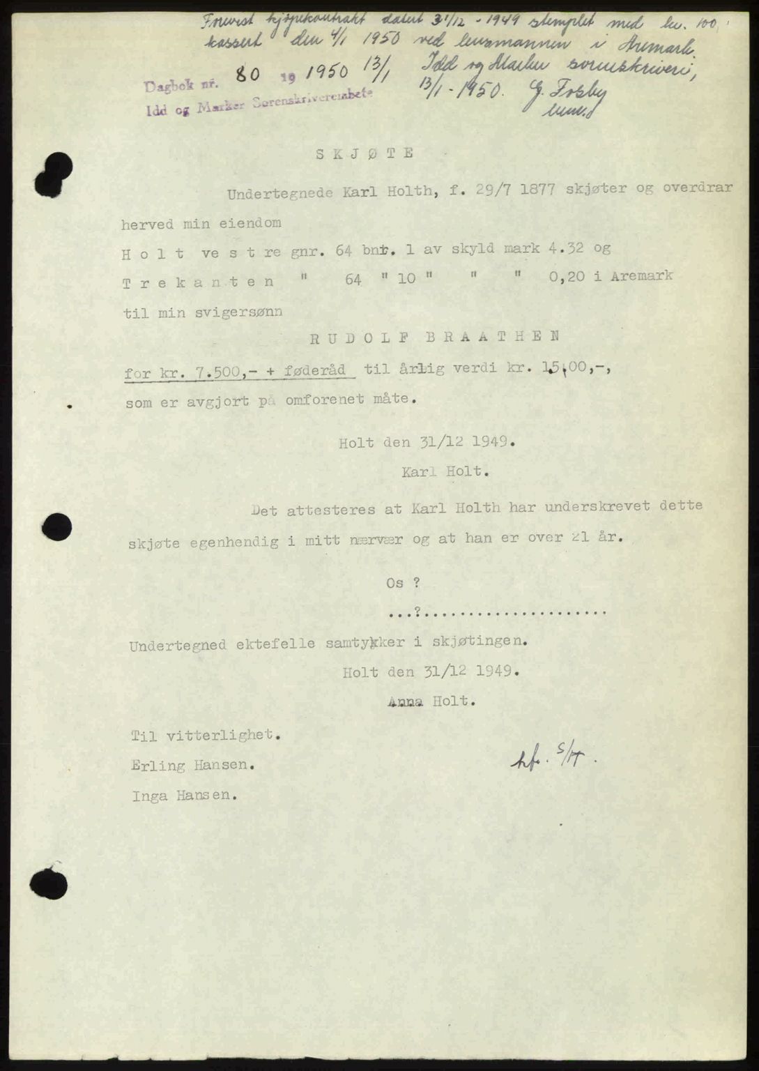 Idd og Marker sorenskriveri, SAO/A-10283/G/Gb/Gbb/L0013: Pantebok nr. A13, 1949-1950, Dagboknr: 80/1950