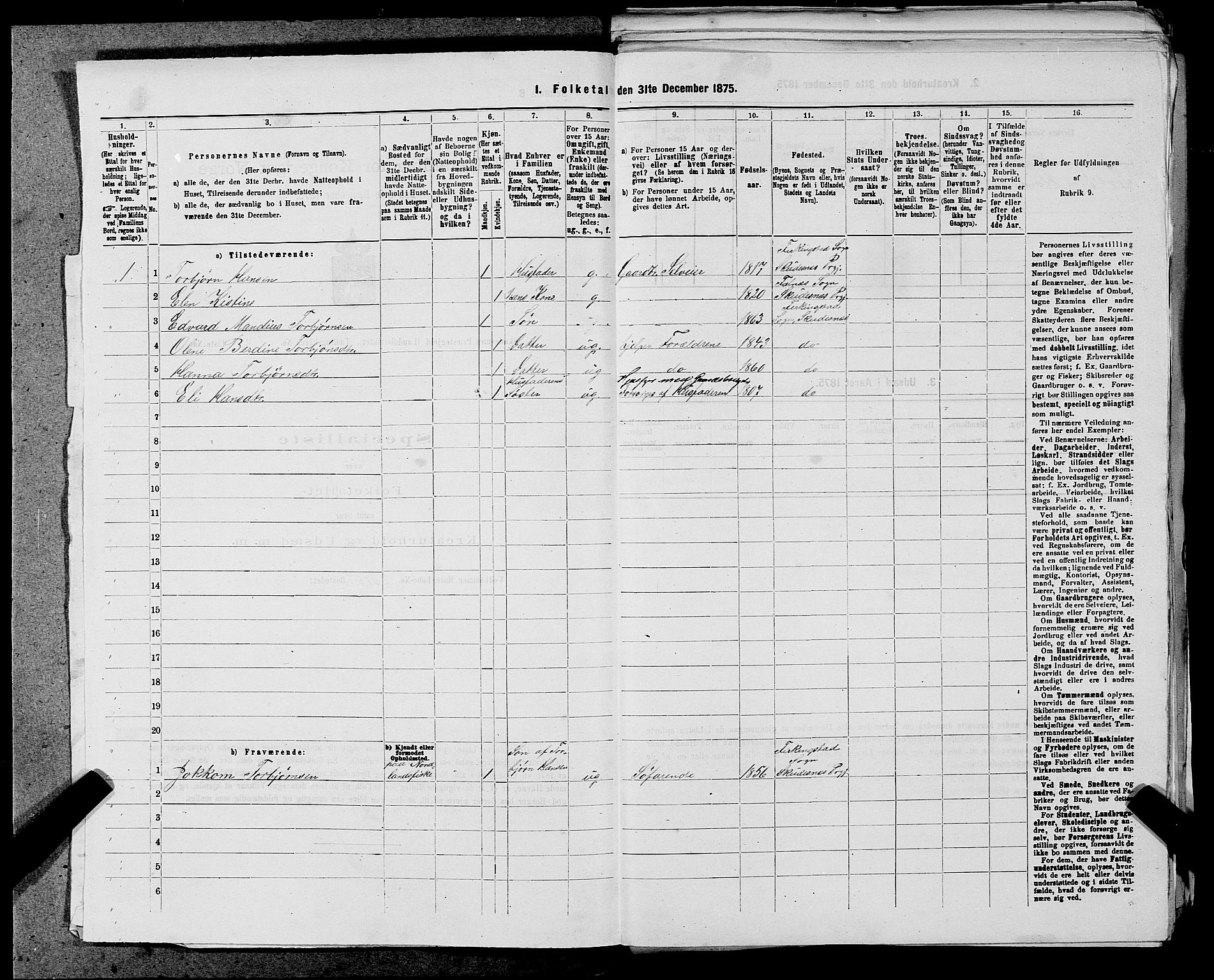 SAST, Folketelling 1875 for 1150L Skudenes prestegjeld, Falnes sokn, Åkra sokn og Ferkingstad sokn, 1875, s. 921