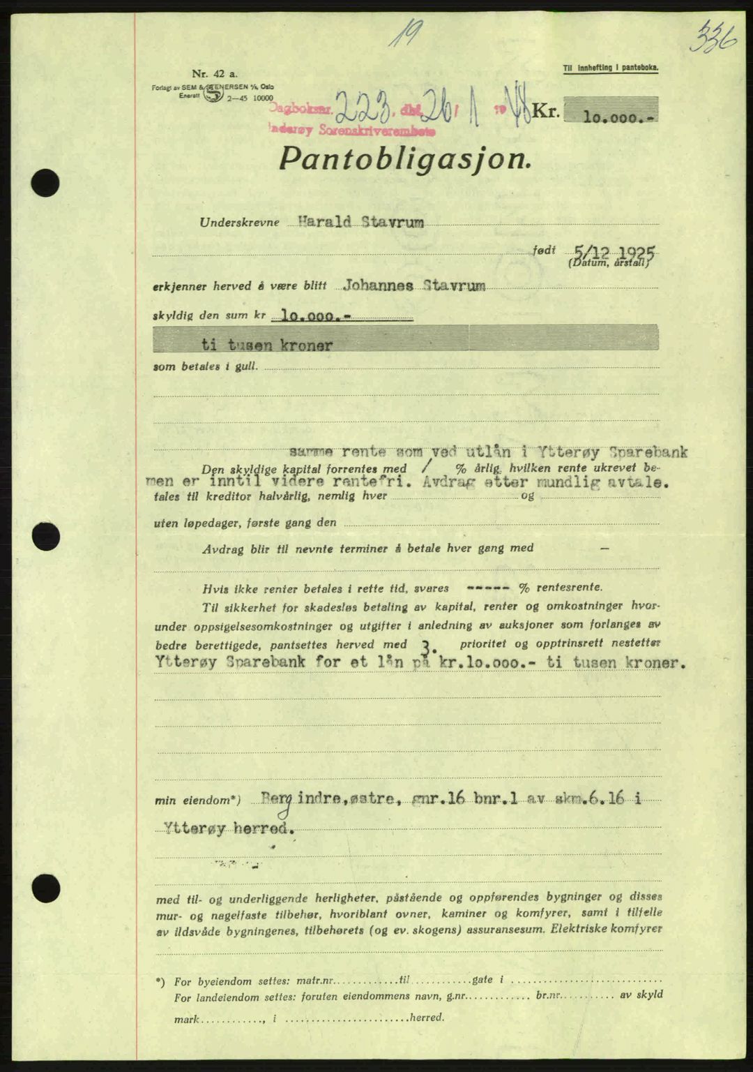 Inderøy sorenskriveri, SAT/A-4147/1/2/2C: Pantebok nr. Y1, 1936-1950, Dagboknr: 223/1948