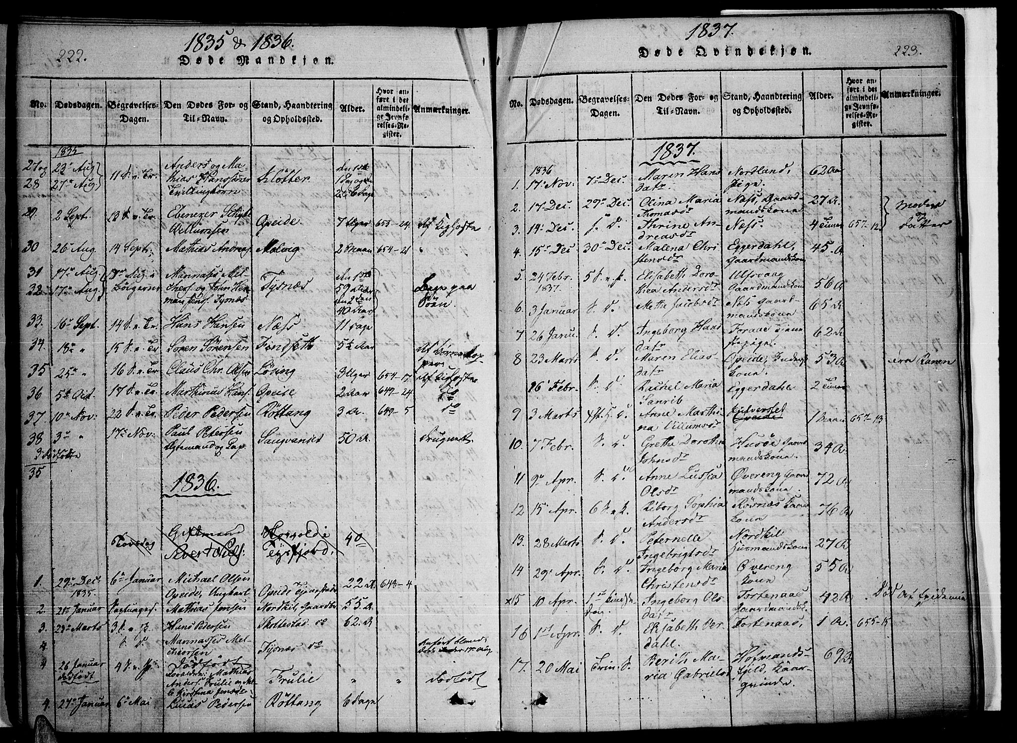Ministerialprotokoller, klokkerbøker og fødselsregistre - Nordland, AV/SAT-A-1459/859/L0842: Ministerialbok nr. 859A02, 1821-1839, s. 222-223
