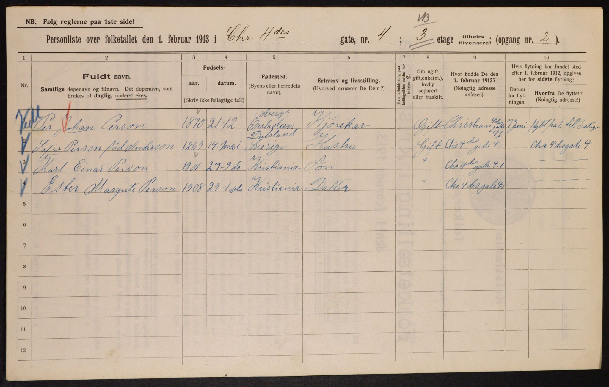 OBA, Kommunal folketelling 1.2.1913 for Kristiania, 1913, s. 53848