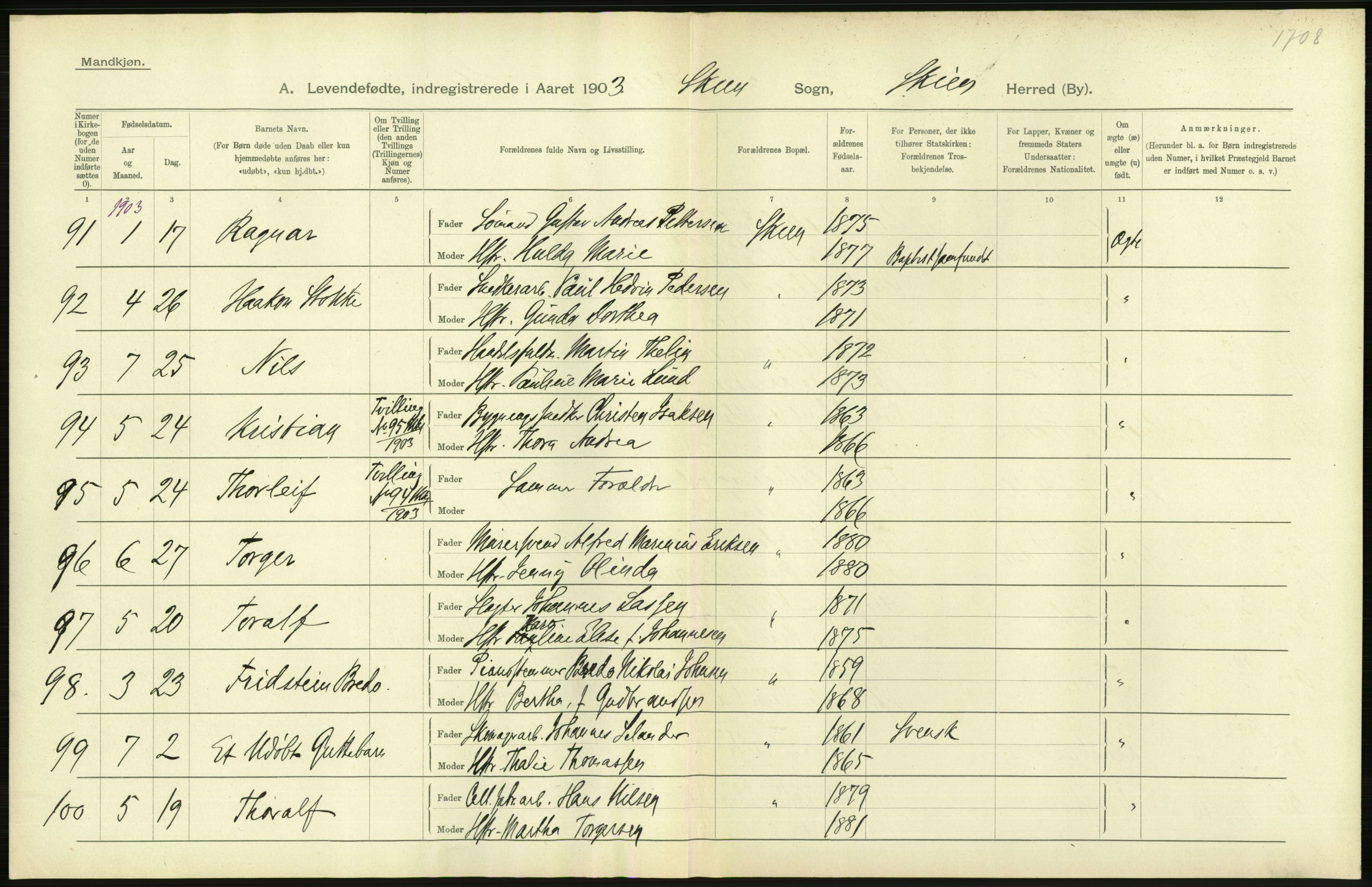 Statistisk sentralbyrå, Sosiodemografiske emner, Befolkning, AV/RA-S-2228/D/Df/Dfa/Dfaa/L0009: Bratsberg amt: Fødte, gifte, døde, 1903, s. 294