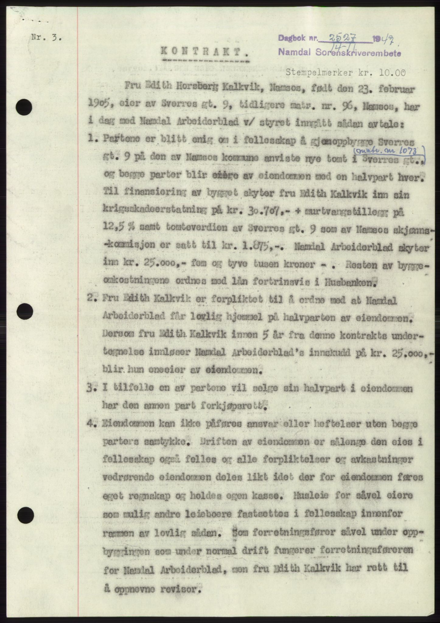 Namdal sorenskriveri, SAT/A-4133/1/2/2C: Pantebok nr. -, 1947-1948, Dagboknr: 2527/1947